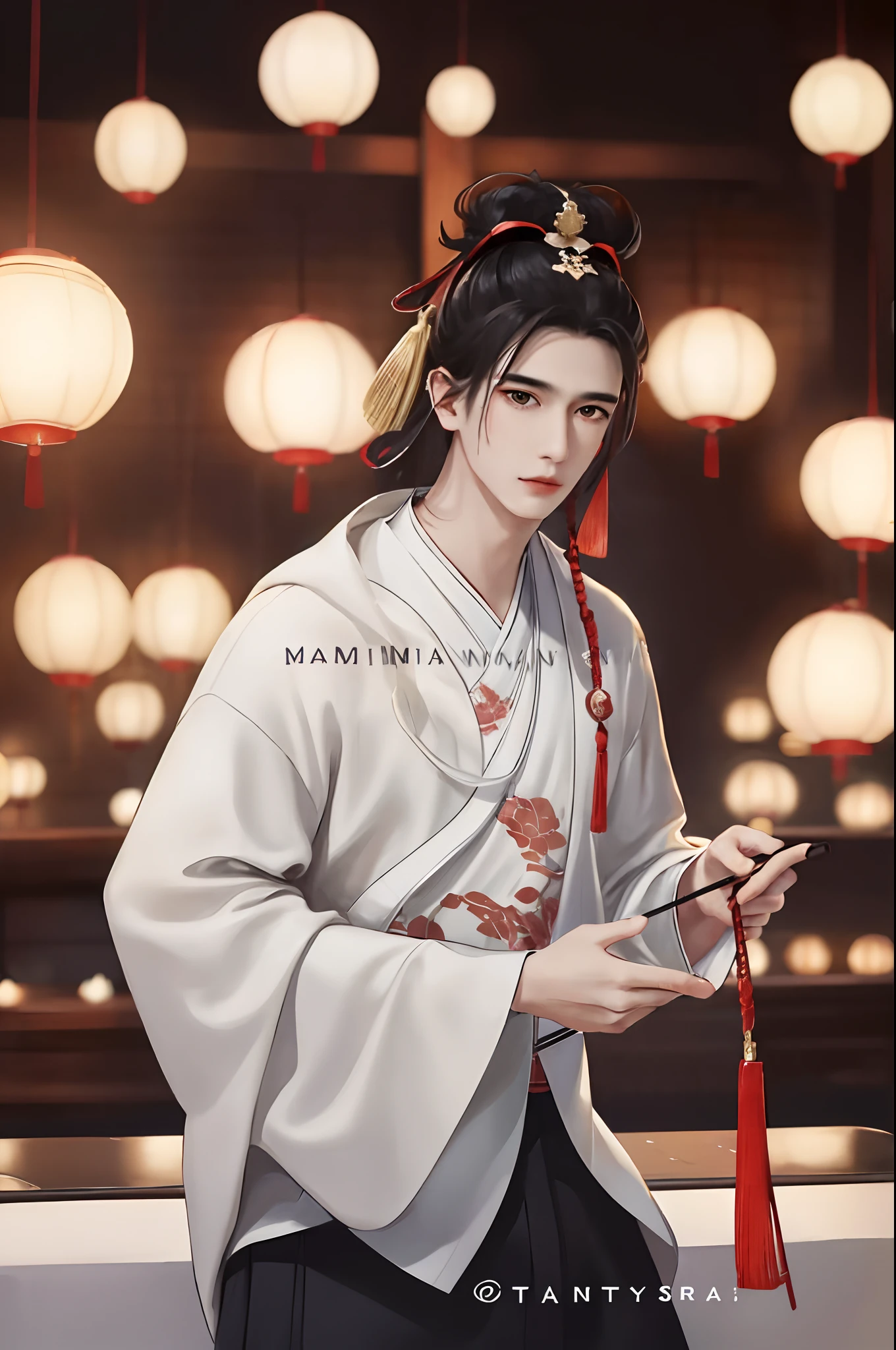 Handsome guy in ancient China,wearing ancient Chinese costume,Flowing tulle,Light silk,Lazy posture,large lotus leaf,lotuses,Ink painting style,clean color,Decisive cut,Leave white space,impressionistic,tmasterpiece,超詳細,Epic composition, high qulity, HighestQuali, 4k --v 6