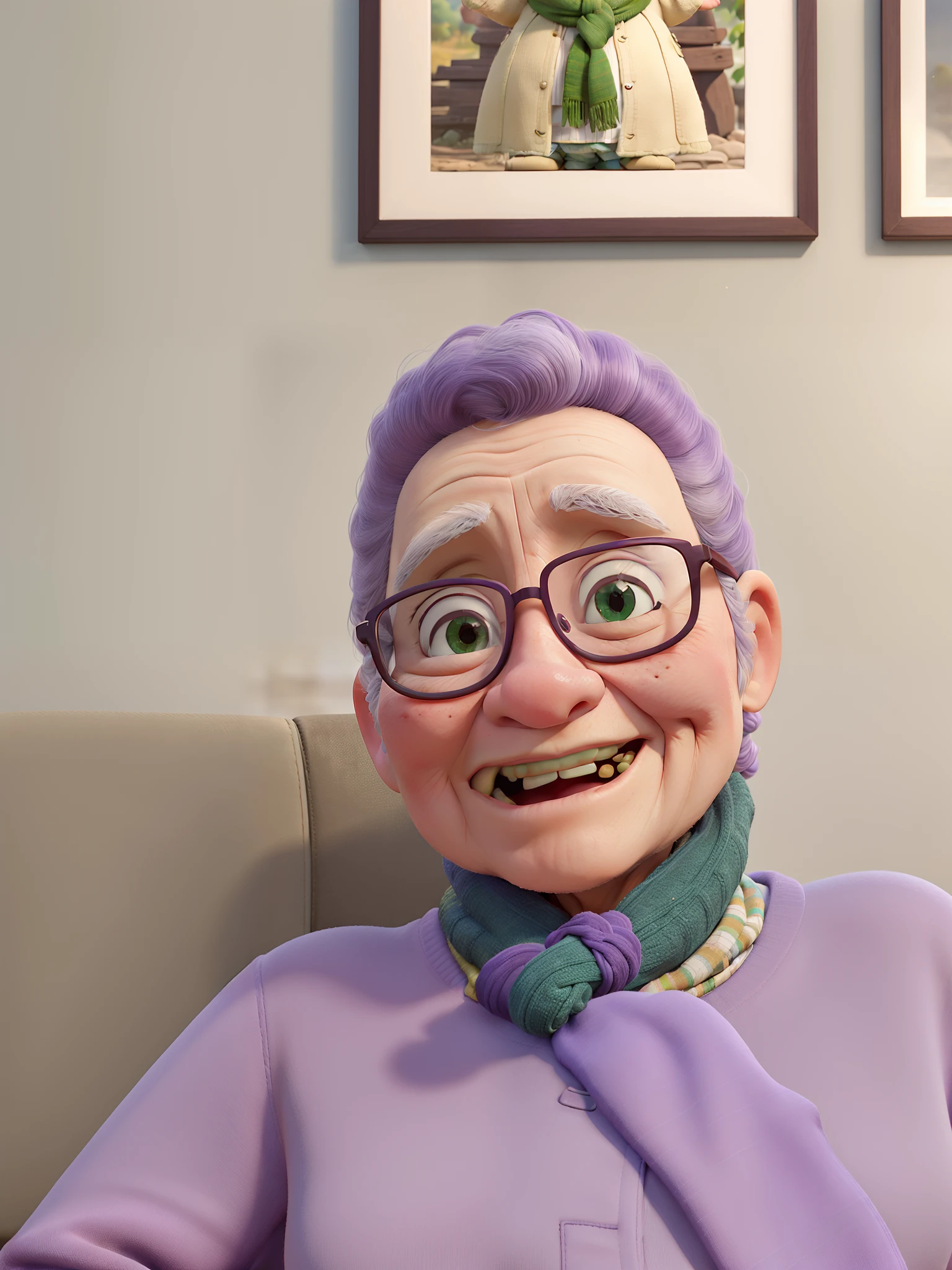 masterpiece, best quality, an old woman with glasses and a scarf on, wearing a purple coat and green scarf, standing at the park