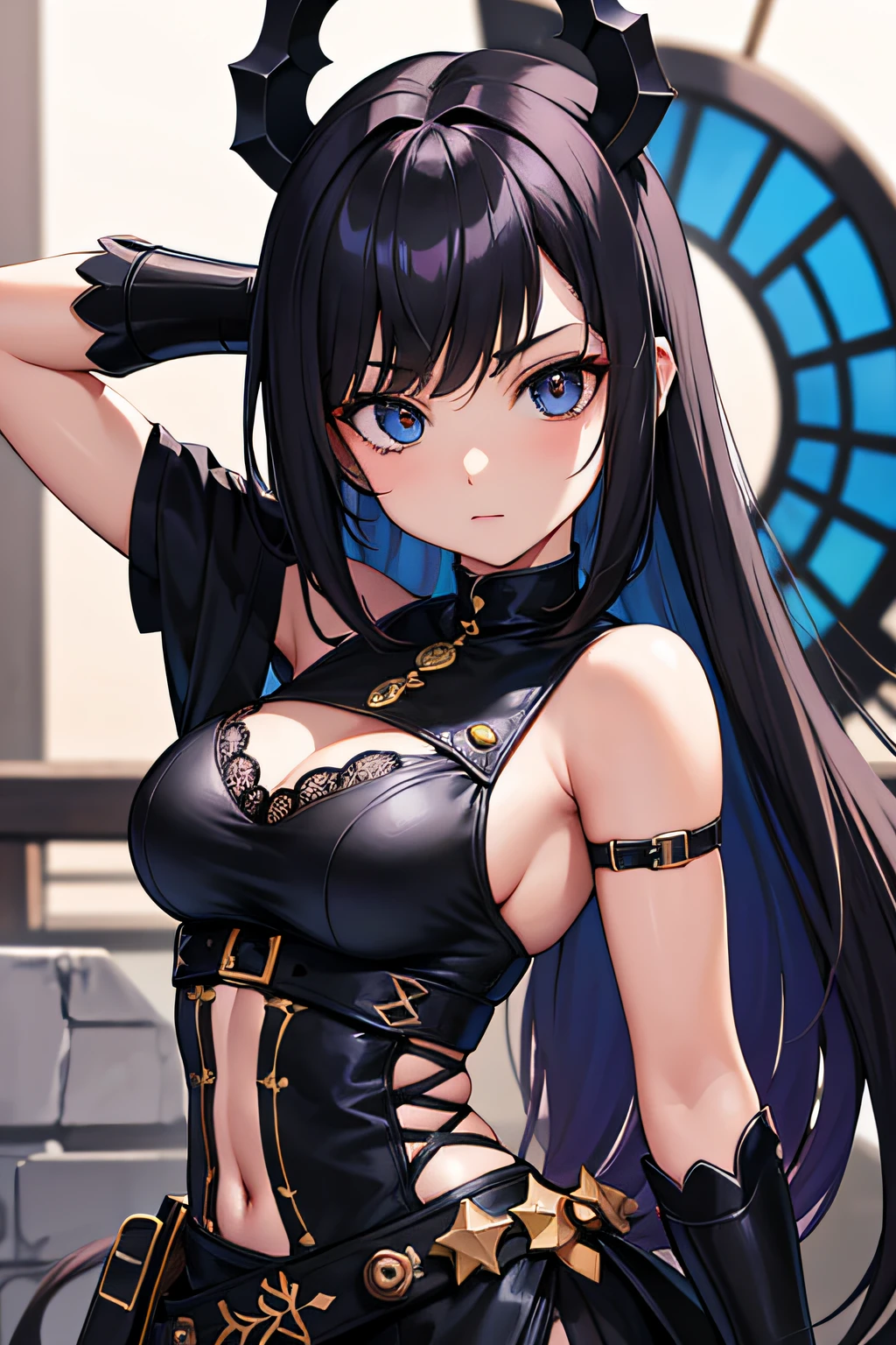 Chica adulta de anime de grandes pechos con pelo largo y negro , con armadura, ojos color ambar y teniendo un arco en sus manos con una mirada miedosa, arte de anime digital, Fantasia