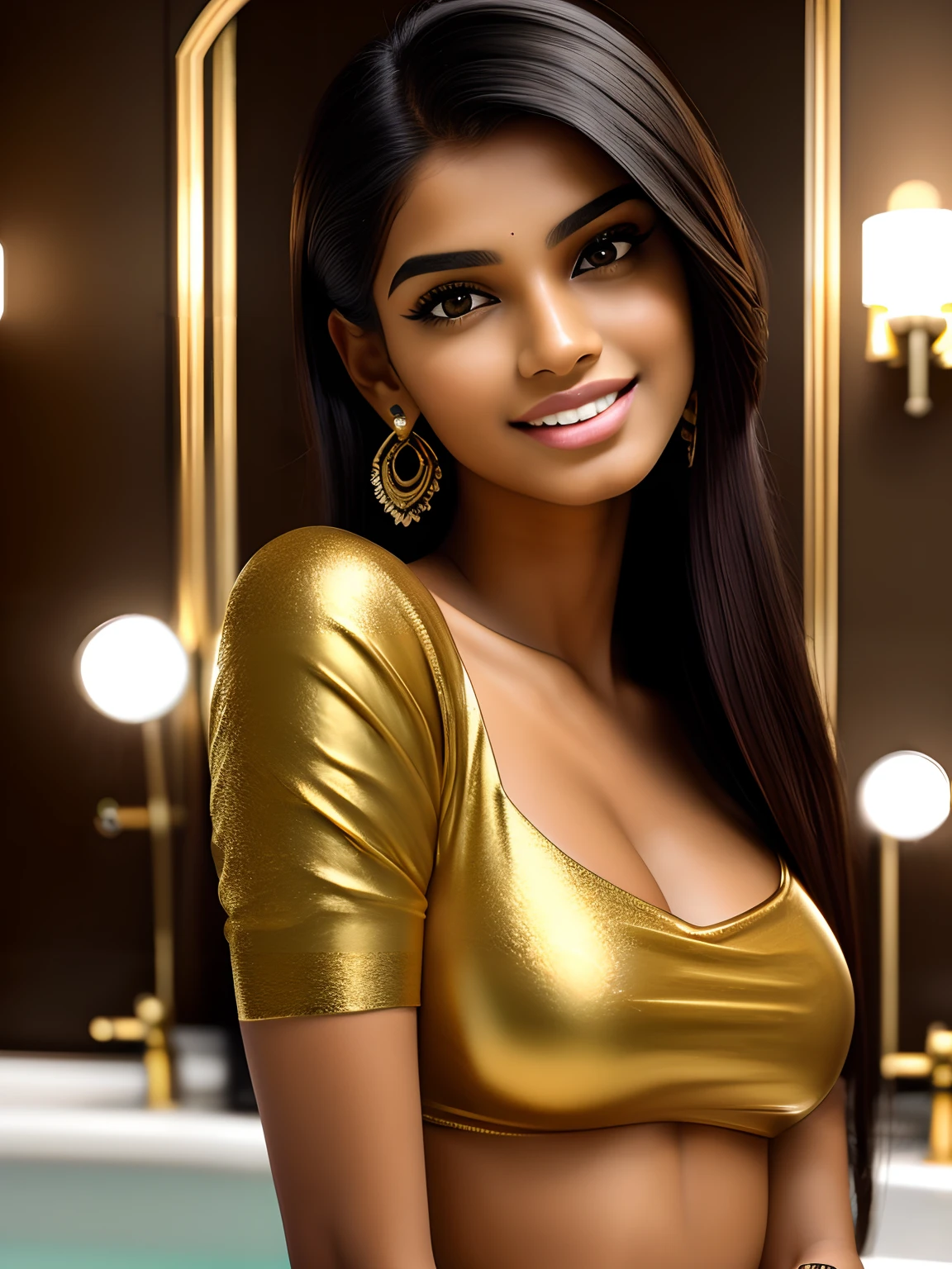 imagine full height portrait of, (ultra realistic:1.37), (extremely believable:1.6 picture) (hyper minute detailing of faces & eyes & ears & nose & lips & skin & body parts), a beautiful 18 years old brown Tamil girl with long black hair normal breasts, (happy face) (cute expressions) (unique poses), glamorous outfits, clever makeup, clothing with masterpiece designs, stylish footwears, photoshoot inside a luxurious bathroom, (realistic:1.2 background), minimal ornaments, vibrant colors, high quality lighting, cinematic effects