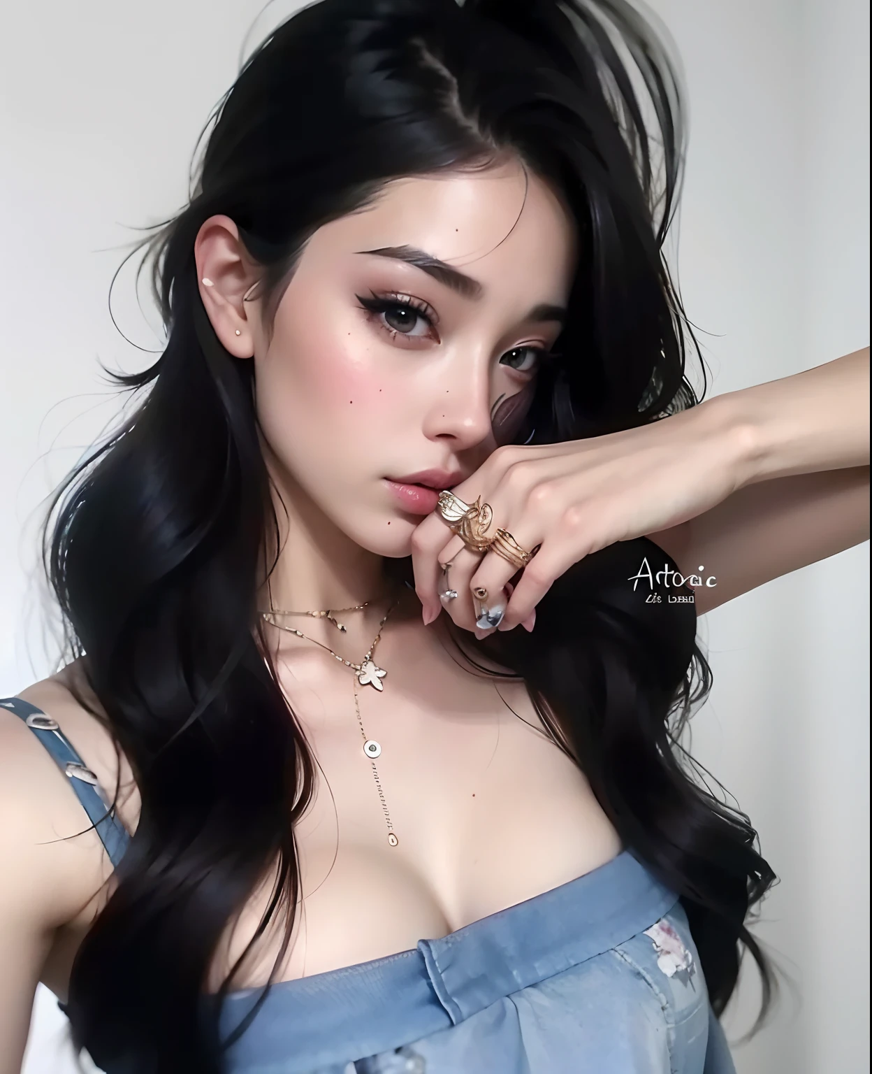 uma mulher com longos cabelos pretos e um vestido azul posando para uma foto, trending on artstration, Arte no estilo de Guweiz, estilo realismo anime, realistic anime art style, estilo de arte realista, arte de anime realista, estilo de arte realista, fotorrealista!!!!!!! estilo de arte, Modelo IG | Artgerm, No estilo de arte de Bowater