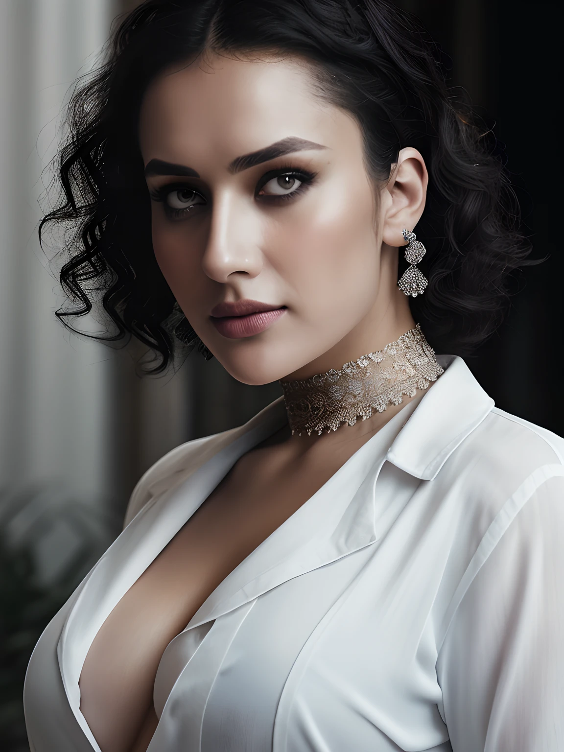 Full body of a Syrian woman, curly blue hair, White button shirt, gros seins, angry look, Regarder le spectateur, Texture naturelle de la peau, 24 mm, Textures 4k, Brilliant cinematic light, Photo brute, photorealism, photoreallistic, complexe, elegant, highly detailed, mise au point nette, ((((((cinematic look)))), tons doux, insane detail, Intricate details, hyperdetailed, Faible contraste, soft cinematic light, couleurs vives, exposure blend,  Hdr, from the angle of view, whole body from head to toe, main sur poitrine, Porter un choker, thick thighs, sur les genoux chaussettes