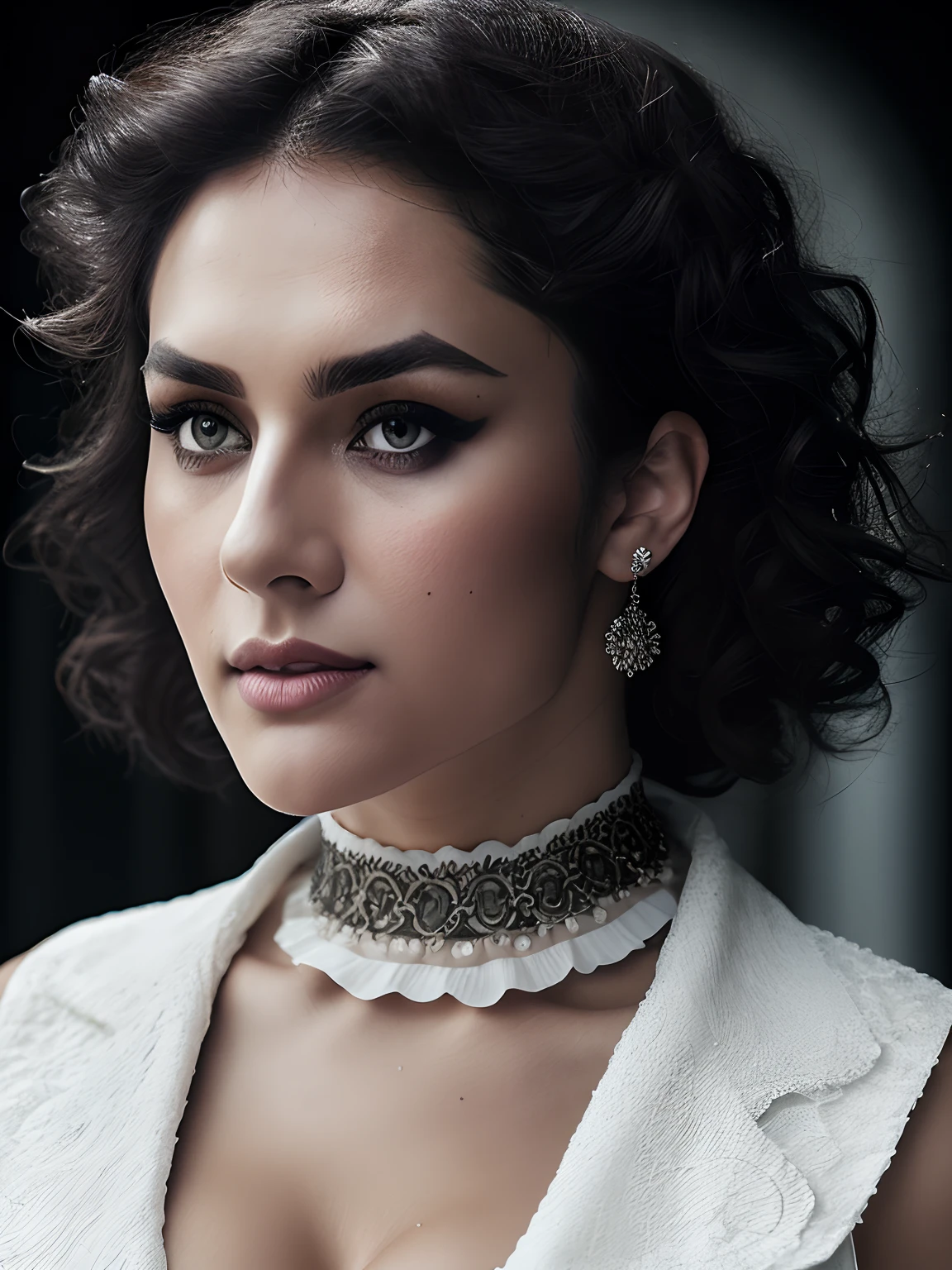 Full body of a Syrian woman, curly blue hair, White button shirt, gros seins, angry look, Regarder le spectateur, Texture naturelle de la peau, 24 mm, Textures 4k, Brilliant cinematic light, Photo brute, photorealism, photoreallistic, complexe, elegant, highly detailed, mise au point nette, ((((((cinematic look)))), tons doux, insane detail, Intricate details, hyperdetailed, Faible contraste, soft cinematic light, couleurs vives, exposure blend, Hdr, from the angle of view, whole body from head to toe, main sur poitrine, Porter un choker, thick thighs, sur les genoux chaussettes