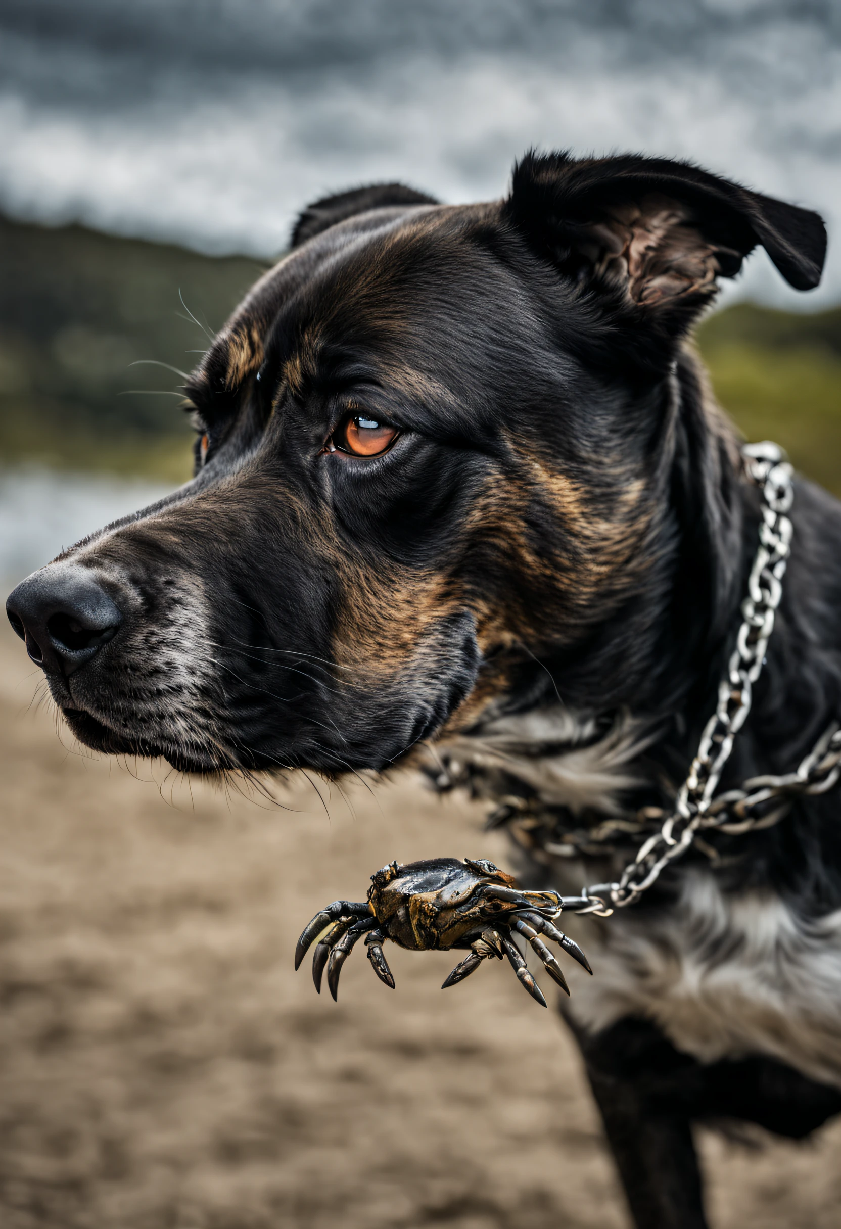 Black and brindle giant staff dog with titanium chain jumping on a crab with large claws