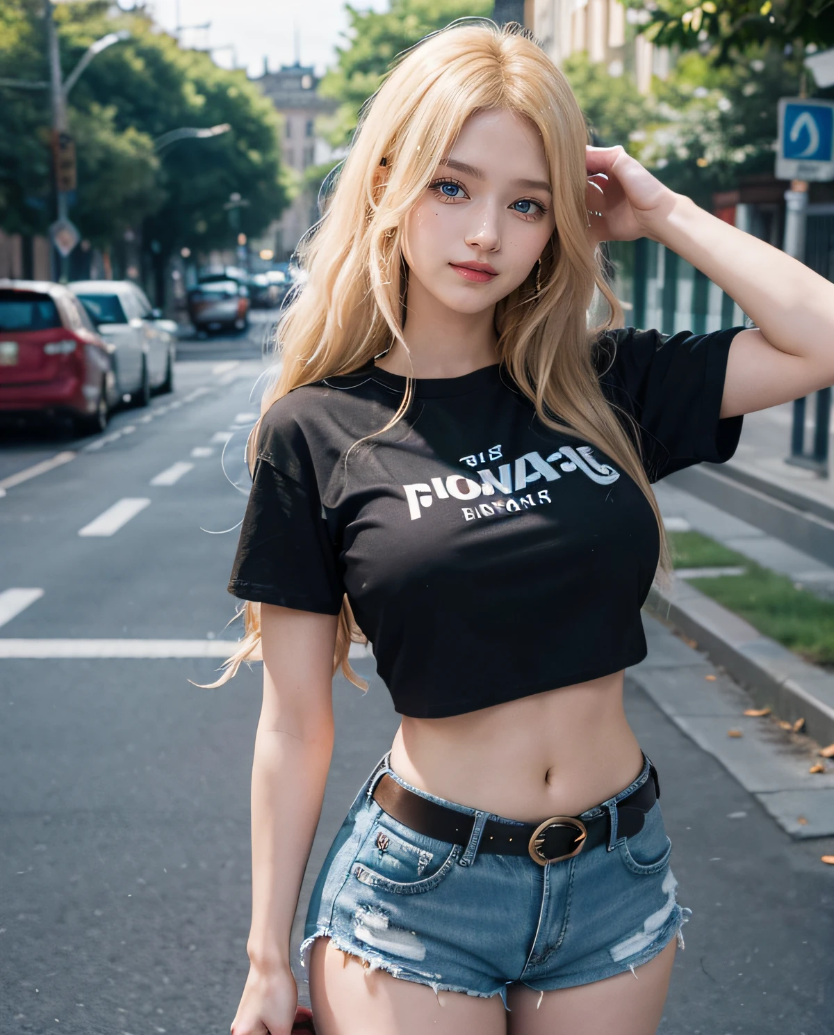 1girl, (Blue eyes), (Smile), (Sana Minatozaki), wide hips, Big Boobs, big ass, (Best Quality, 8k, Masterpiece: 1.3), perfect hands, Clear Focus: 1.2, Perfect Body Beauty: 1.4 , Slender Abs: 1.2, Highly detailed face and skin texture, detailed eyes, double eyelids, (blonde long hair), (black short t-shirt :1.2), (denim shorts), leather belt, standing, in a blacon, city in the background