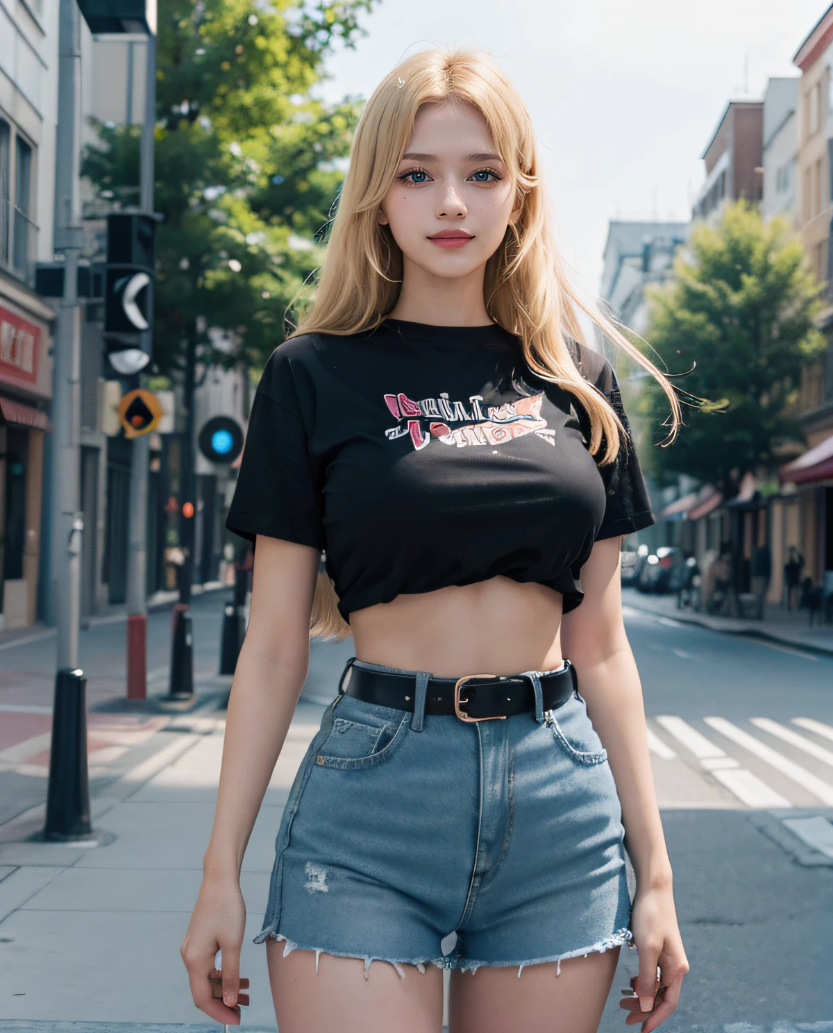 1girl, (Blue eyes), (Smile), (Sana Minatozaki), wide hips, Big Boobs, big ass, (Best Quality, 8k, Masterpiece: 1.3), perfect hands, Clear Focus: 1.2, Perfect Body Beauty: 1.4 , Slender Abs: 1.2, Highly detailed face and skin texture, detailed eyes, double eyelids, (blonde long hair), (black short t-shirt :1.2), (denim shorts), leather belt, standing, in a blacon, city in the background
