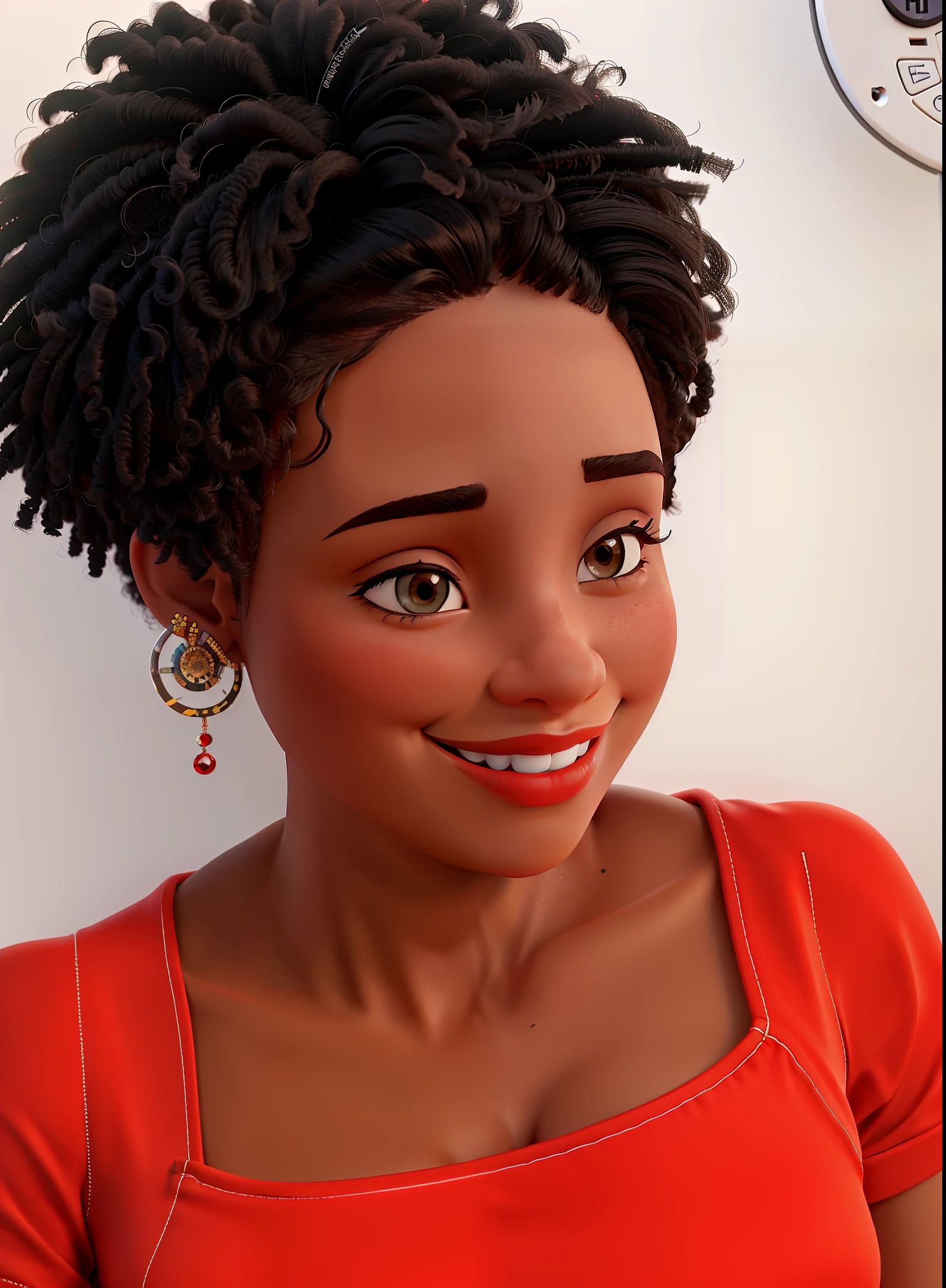 There's a woman in a red shirt smiling and looking at a cell phone, medium close up portrait, cheeky smile with red lips, foto de perfil headshot, Anos Imane, com afro, close-up headshot, foto de uma mulher negra, bochechas rosadas, foto de retrato detalhada, com cabelo e pele texturizados, retrato completo em close-up, retrato de close-up headshot