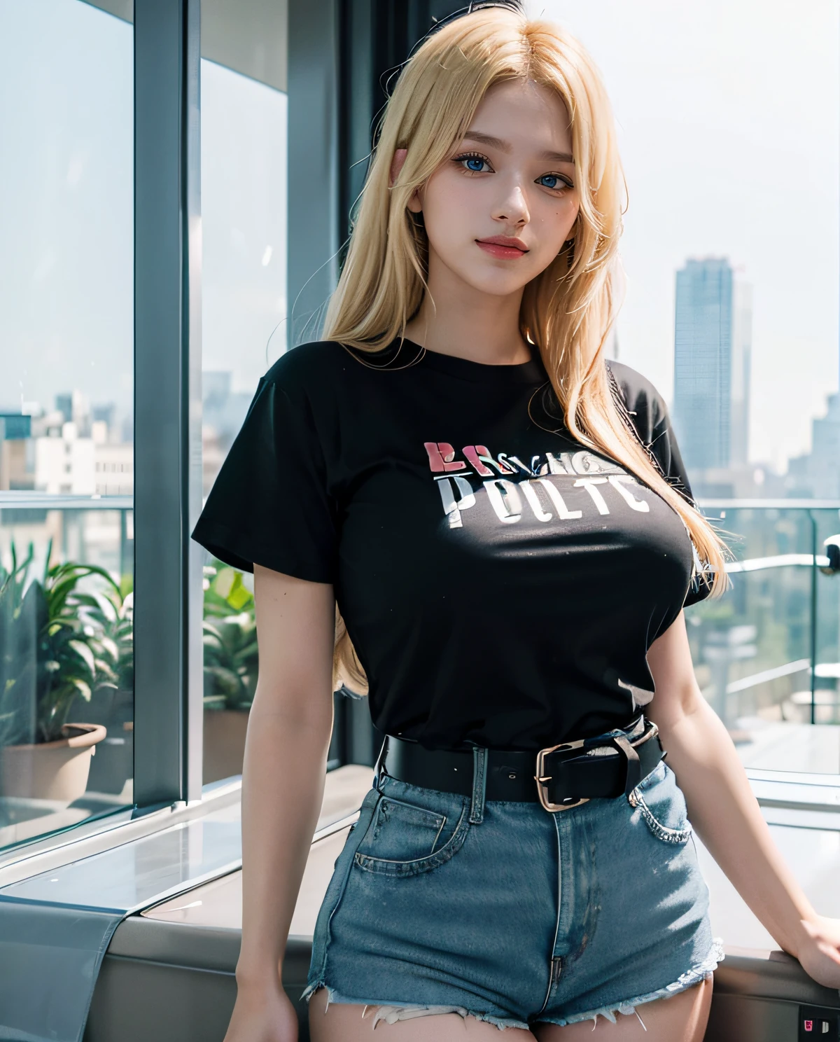 1girl, (Blue eyes), (Smile), (Sana Minatozaki), wide hips, Big Boobs, big ass, (Best Quality, 8k, Masterpiece: 1.3), perfect hands, Clear Focus: 1.2, Perfect Body Beauty: 1.4 , Slender Abs: 1.2, Highly detailed face and skin texture, detailed eyes, double eyelids, (blonde long hair), (black short t-shirt :1.2), (denim shorts), leather belt, standing, in a blacon, city in the background