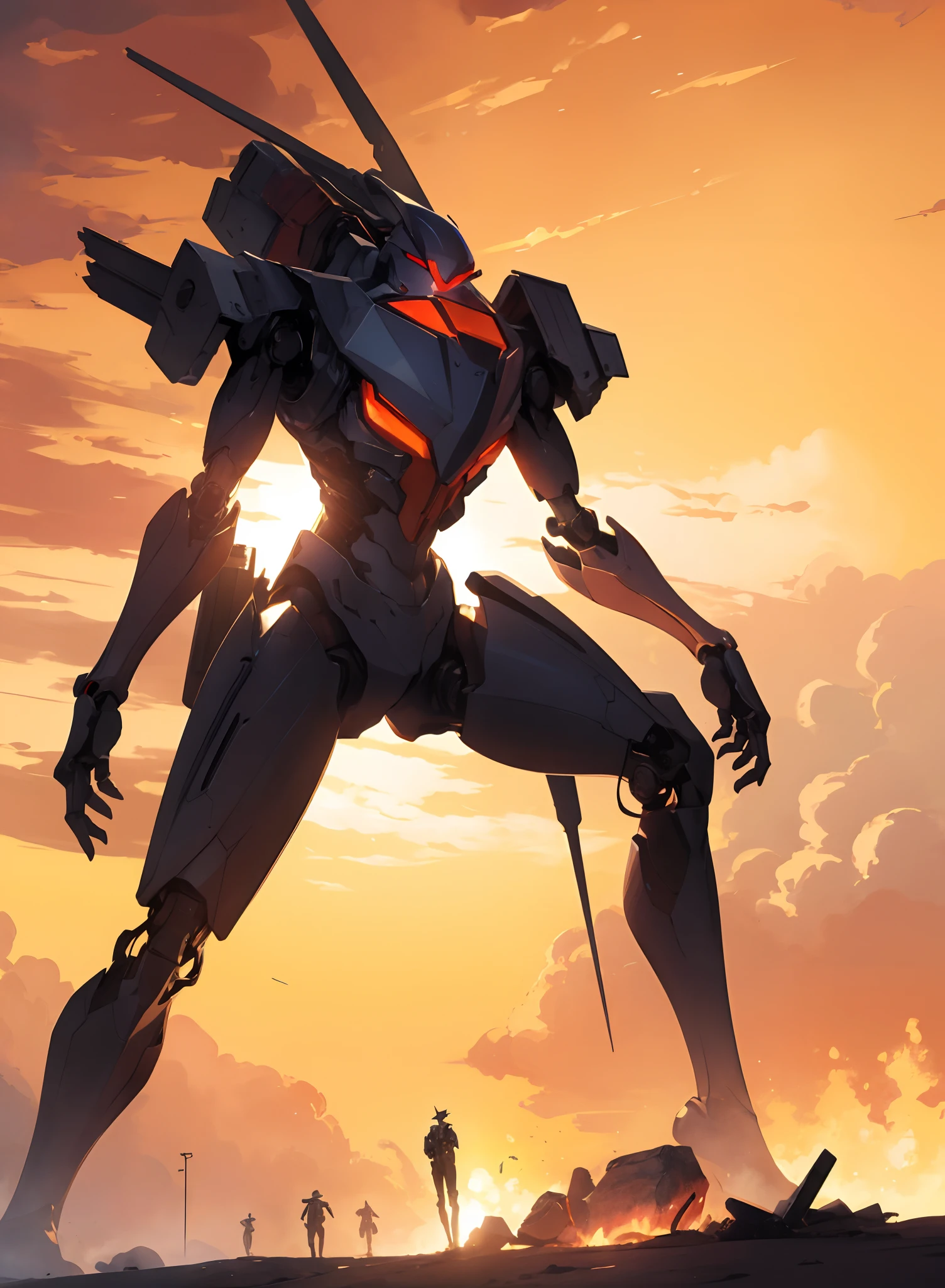 Drawing of a robot, standing in front of the fire, Evangelion concept art, Evangelion's Beast Mode, absurdres, high res, ultrasharp, 8K, masterpiece