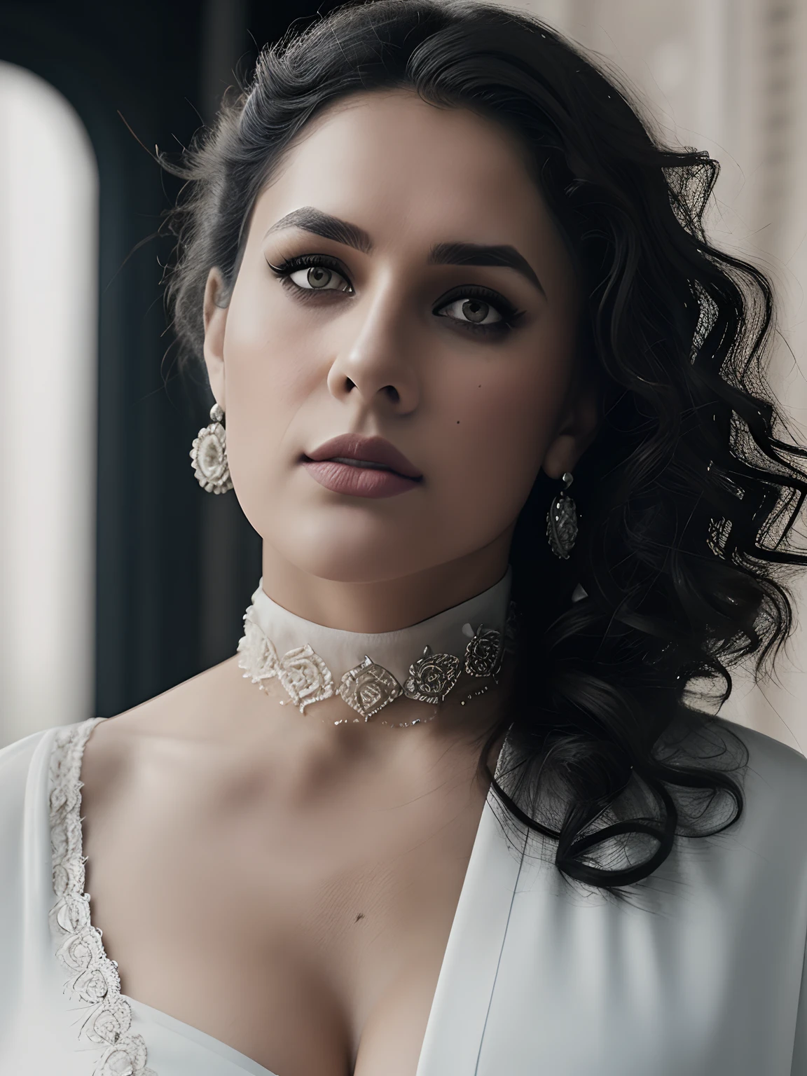 Full body of a Syrian woman, curly blue hair, White button shirt, gros seins, angry look, Regarder le spectateur, Texture naturelle de la peau, 24 mm, Textures 4k, Brilliant cinematic light, Photo brute, photorealism, photoreallistic, complexe, elegant, highly detailed, mise au point nette, ((((((cinematic look)))), tons doux, insane detail, Intricate details, hyperdetailed, Faible contraste, soft cinematic light, couleurs vives, exposure blend, Hdr, from the angle of view, whole body from head to toe, main sur poitrine, Porter un choker, thick thighs, sur les genoux chaussettes