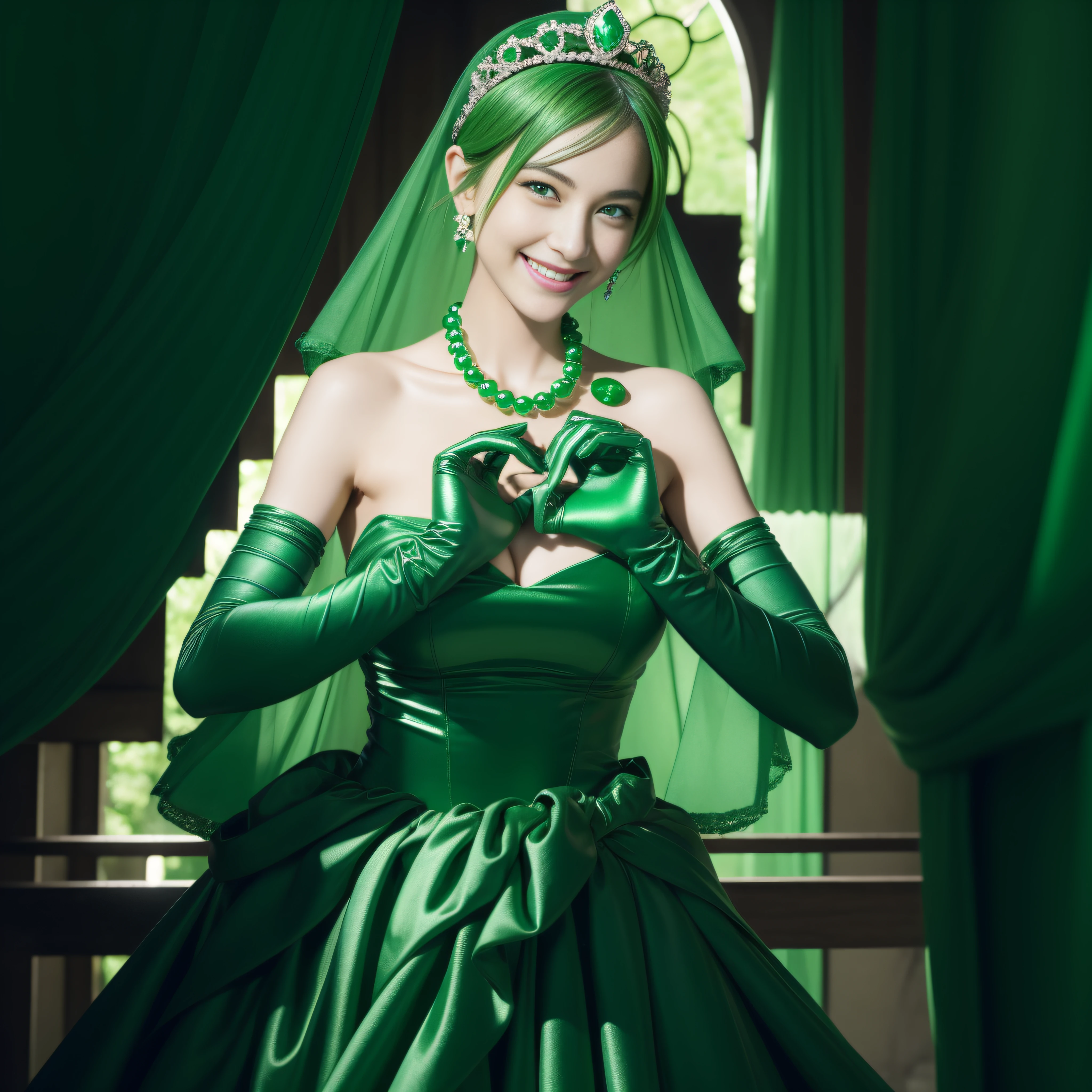 emerald tiara, Green Pearl Necklace, Boyish very short green hair, lipsticks, Japan woman smiling, very short short hair, big breasts beautiful, Green eyes, Long green gloves made of satin material, Green eyes