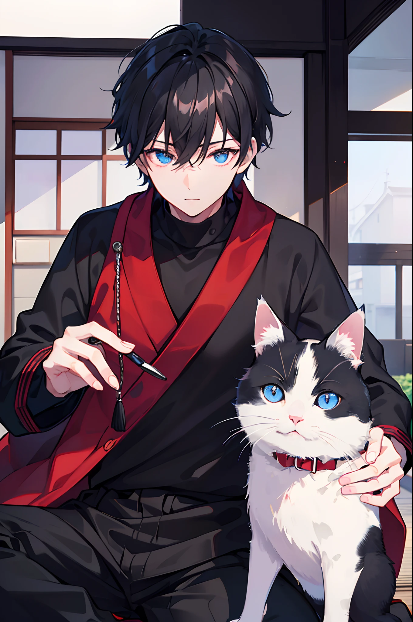 male people A dark-haired blue eyess Black slacks Sweaters Red coat Black socks Japanese houses in a house Cuddle the cat masterpiece Top image quality Clear cinematic shadow Increased attractiveness of the eyes Clear the shine of the eyes Draw eyelashes neatly Perfect Eye A detailed eye Sharpen image quality Sharpen eye writing Clear eye shape