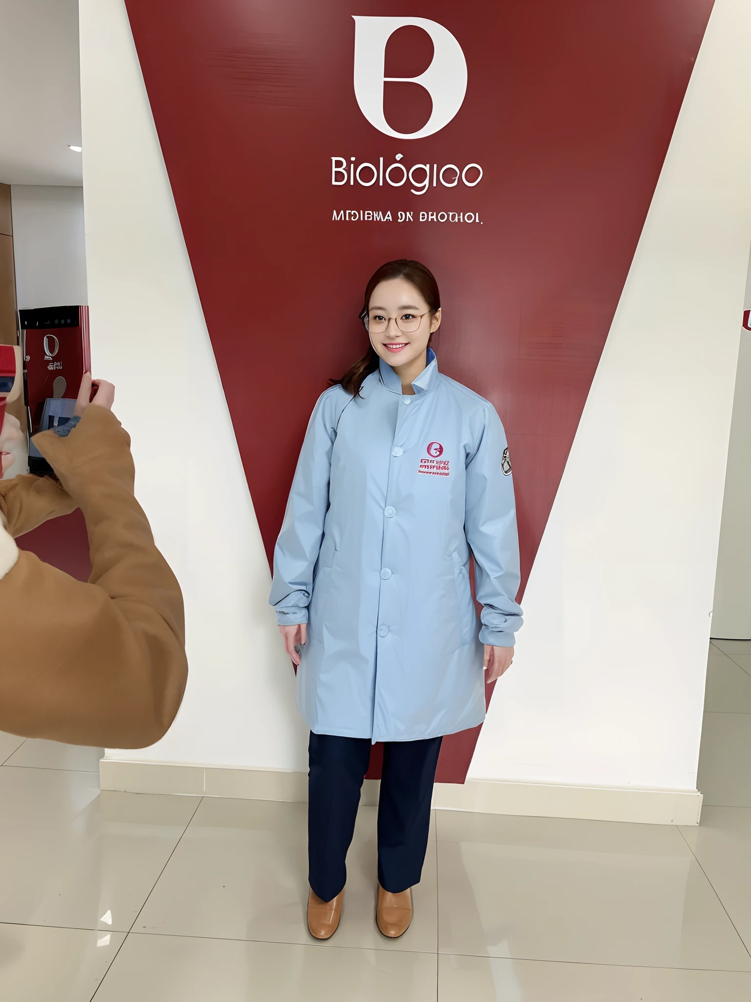 30 year old biomedical woman with shoulder-length brown hair and blue lab coat