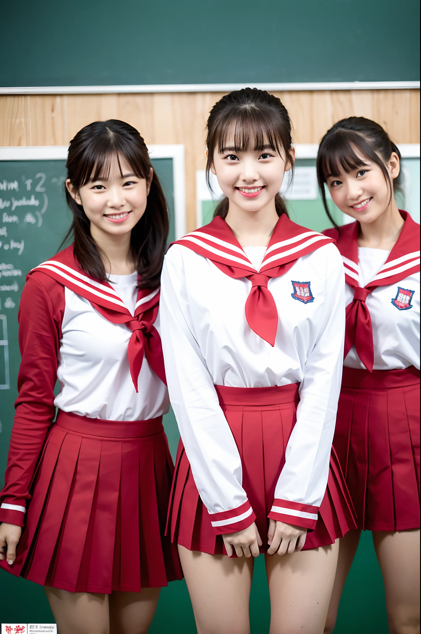 girls standing in school classroom,long sleeved white and red sailor shirt,pleated skirt,18-year-old,bangs,a little smiles,thighs,knees,crotch,low ponytail,from below