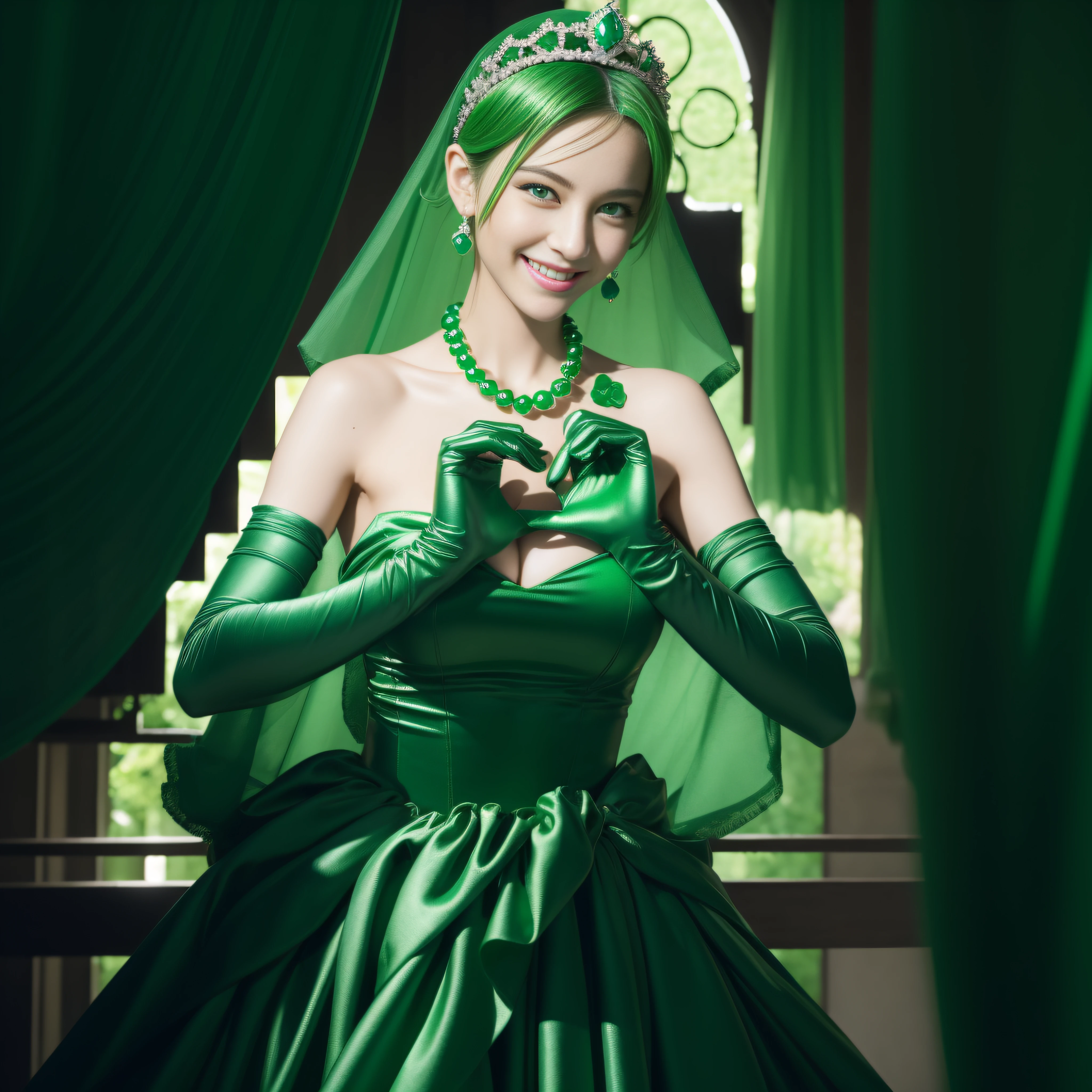 emerald tiara, Green Pearl Necklace, Boyish very short green hair, lipsticks, Japan woman smiling, very short short hair, big breasts beautiful, Green eyes, Long green gloves made of satin material, Green eyes
