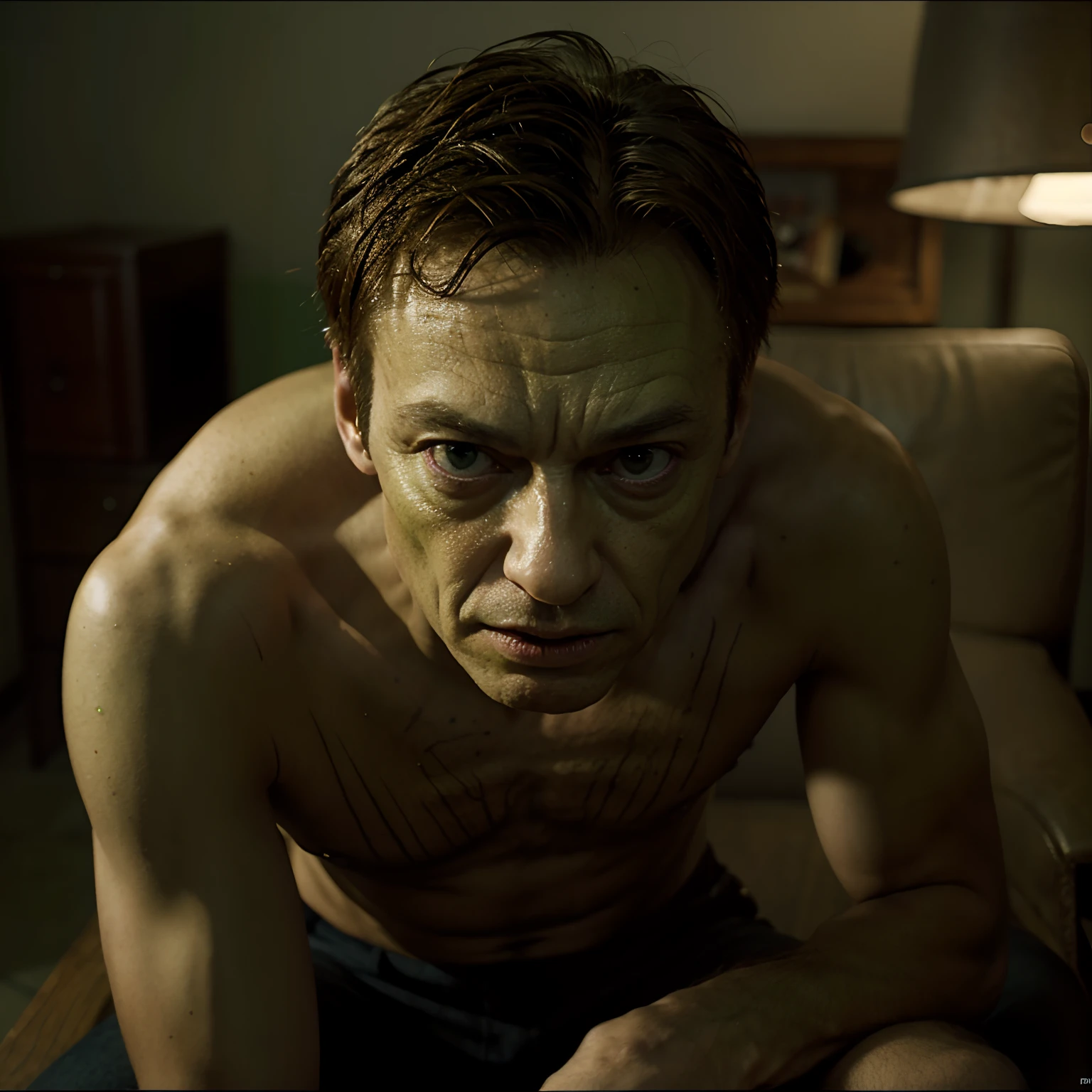 Sam raimi’s green goblin without his helmet on,sitting down, looking solemn. He’s actually Steve Buscemi