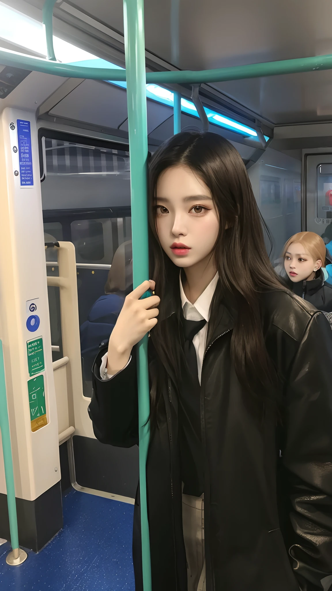 Araffe woman in black jacket standing on a subway train, Ulzzang, Menina anime na vida real, Jaeyeon Nam, menina coreana, gemma chen, Wenfei Ye, Xision Wu, Jinyoung Canela, jossi do blackpink, Ruan Jia Lindo!, Parque Roseanne do Blackpink, Retrato de Jossi de Blackpink, Yanjun Chengt