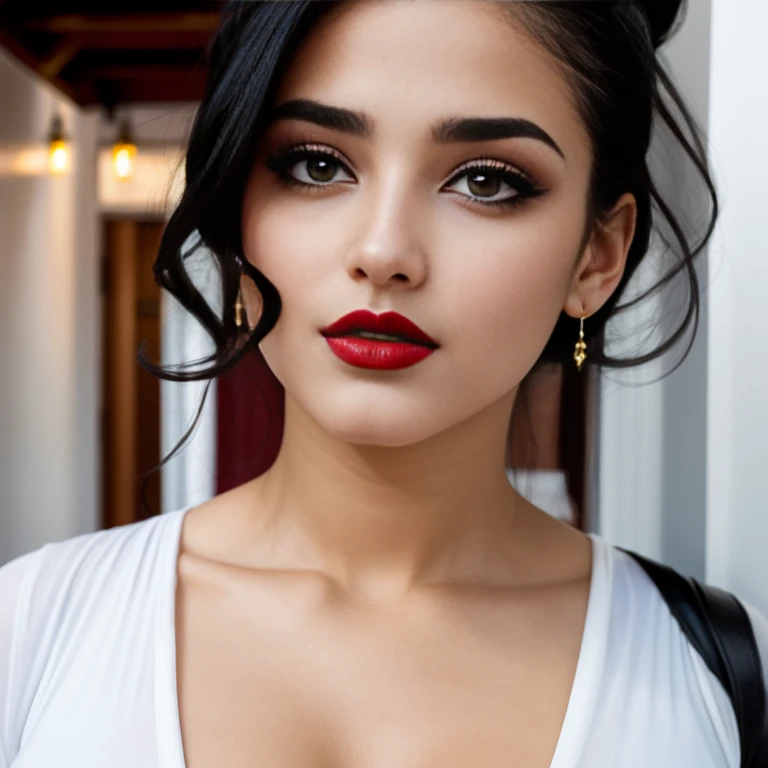 ((beautiful)+(attractive:0.9)+(sensual:0.8)) white arab women ((nerd:0.8)+(lovely)+(clean skin)) with hazel eyes and red lips. Medium dark black  hair, ((intense eyes))