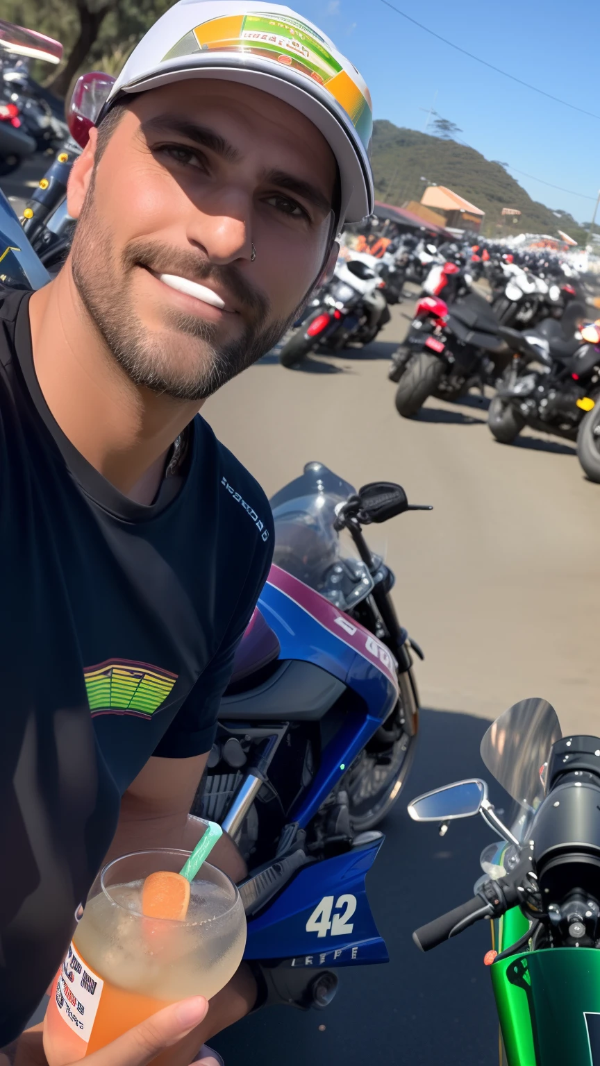 There's a man who's holding a drink and a motorcycle, foto do perfil, Postagem 4k, 4 k post, Postagem no Reddit, tiro frontal, Foto de perfil, in front of a large crowd, por Romain brook, Photo taken from behind, inspirado em Chris Rallis, foto de perfil 1024px, ele tem cerca de 40 anos