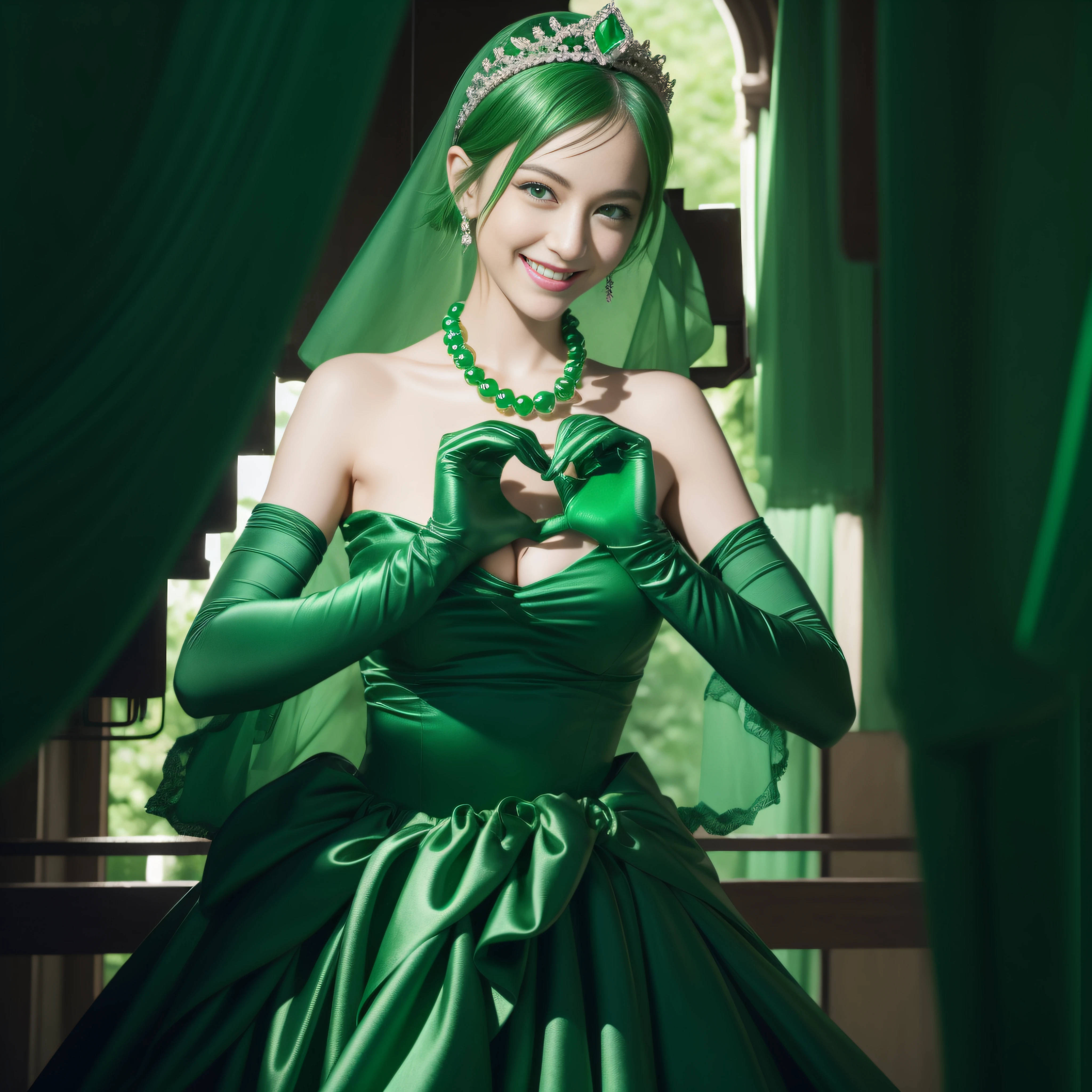 emerald tiara, Green Pearl Necklace, Boyish very short green hair, lipsticks, Japan woman smiling, very short short hair, big breasts beautiful, Green eyes, Long green gloves made of satin material, Green eyes