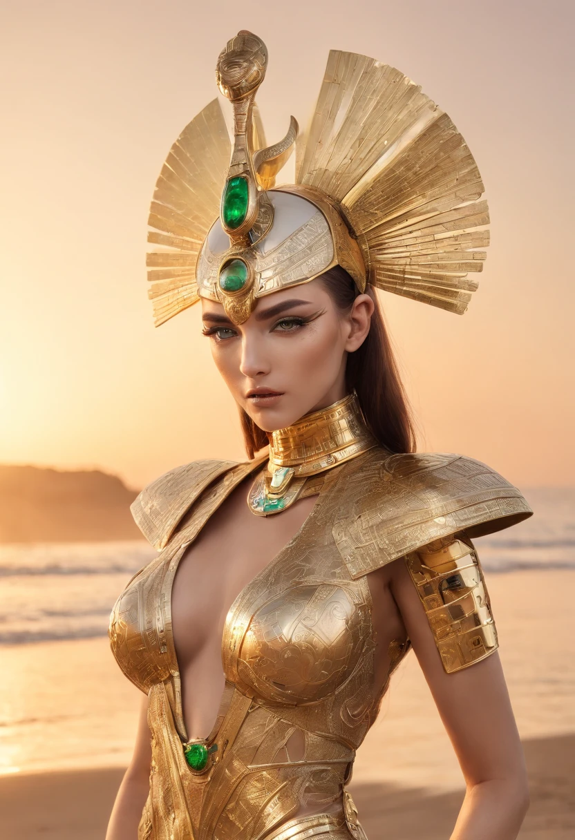 best quality, portrait of a beautiful, curvy woman with green eyes, in futuristic headdress inspired by an ancient egypt king and Cleopatra, Tutankhamun, snake, gold, silver, stones, scarab beetle, eyes protected by a transparent visor, transparent limestone, microchips, Integrated Circuit, cabels, electric glow, retro futurism, the scene is a beach in sunset, warm glowing sun, mecha-girl, human machine integration, short skirt in gold, in her hand she is holding a glowing spire, Steven Meisel