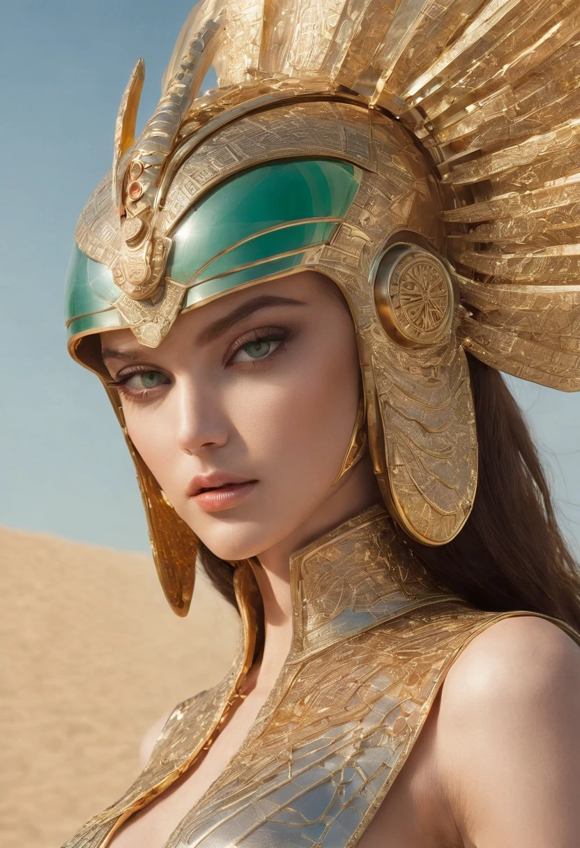 best quality, portrait of a beautiful, curvy woman with green eyes, in futuristic headdress inspired by an ancient egypt king and Cleopatra, Tutankhamun, snake, gold, silver, stones, scarab beetle, eyes protected by a transparent visor, transparent limestone, microchips, Integrated Circuit, cabels, electric glow, retro futurism, the scene is a beach in sunset, warm glowing sun, mecha-girl, human machine integration, short skirt in gold, in her hand she is holding a glowing spire, Steven Meisel