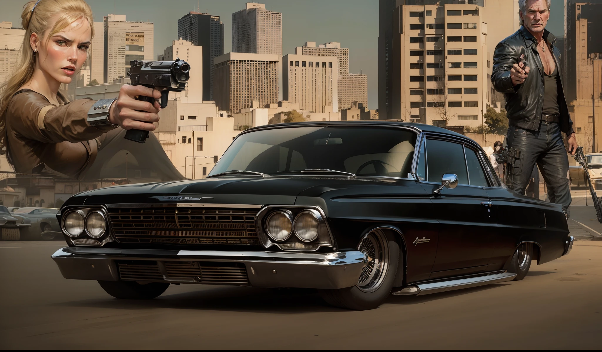 um imponente, Pontiac GTO 1965 classic black in the foreground, behind a close-up of a gangster Harrison Ford armed with a pistol and a beautiful gangster Angelina Jollie holding a pistol and the sun shining on the buildings and buildings of a street in the US