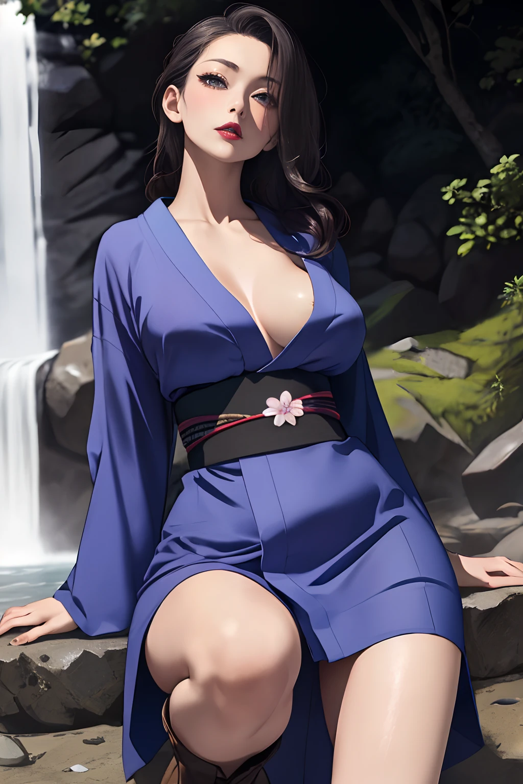 ((Japanese-style architecture on the banks of a dark waterfall)),((Japanese-style building with a terrifying atmosphere)), ((Next to a beautiful waterfall basin)), ((Sharp bewitching eyes))、((A sexy))、pale skin、(((1 girl in))), ((pale skin))、Melancholy beautiful face、Beautiful expression、Sexy face、Nipple bumps, (((Lower breast)))、knee high socks、(((Beautiful breasts ))), Beautiful 、long boots、Super fine face、Delicat eyes、(Double eyelids)、 (((1 Japan Woman)))、 Beautie, , Wavy Hair、barechested、Underhair、Realism、wetting hair、(Japanese style kimono), ((See-through kimono))、((Black kimono)), Open Wareme, Beautiful , Beautiful hands,not any dressed, I'm not wearing underwear, Female masturbation、Opening legs、squatt、(((erectile nipple)))、long teat、Squat,Spread your legs apart,(M-shaped legs),I wasn't wearing panties,Expose the lower body, (dark purple lipstick)