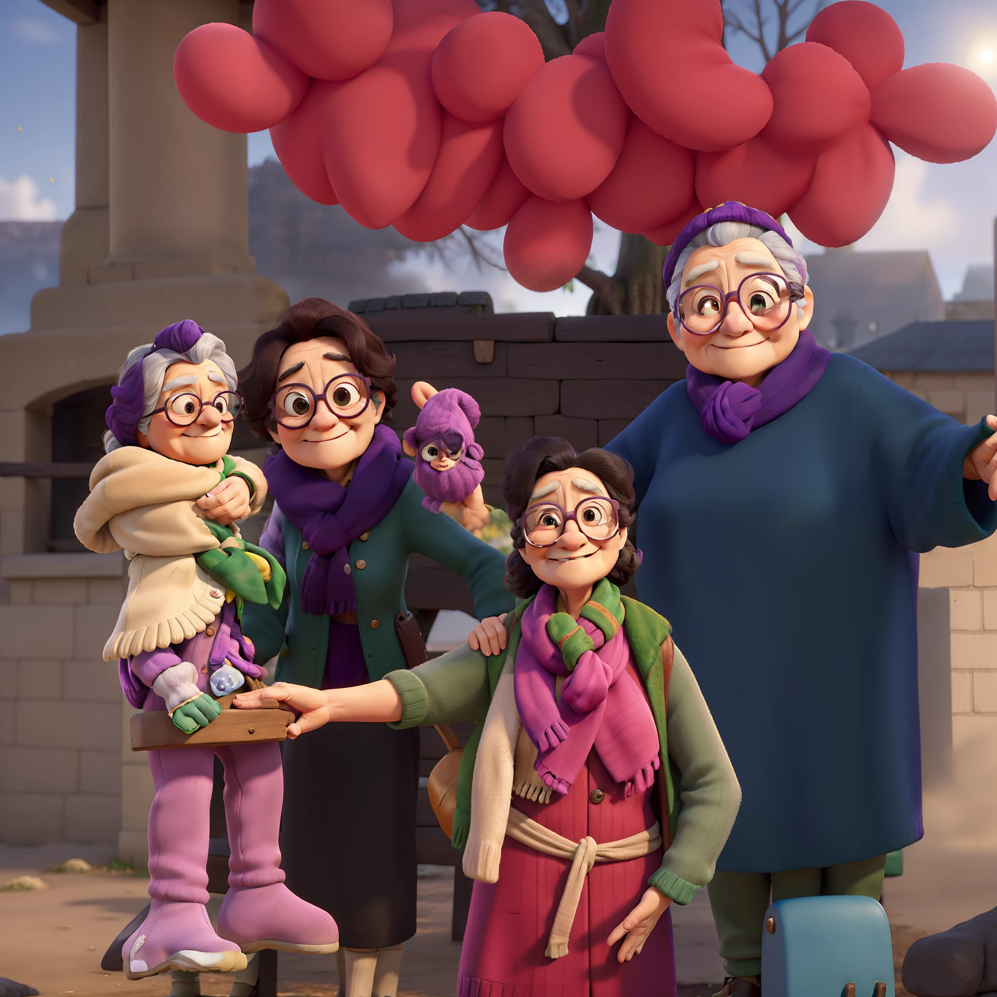 masterpiece, best quality, an old woman with glasses and a scarf on, wearing a purple coat and green scarf, standing at the park