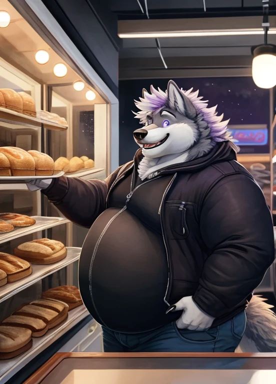 solo, wolf, anthro, male, extremely fat cheeks, obese, large belly, grey fur, purple iris, messy mane, wearing black jacket, wearing trousers, smiling, detailed face, indoors, inside bakery, nighttime