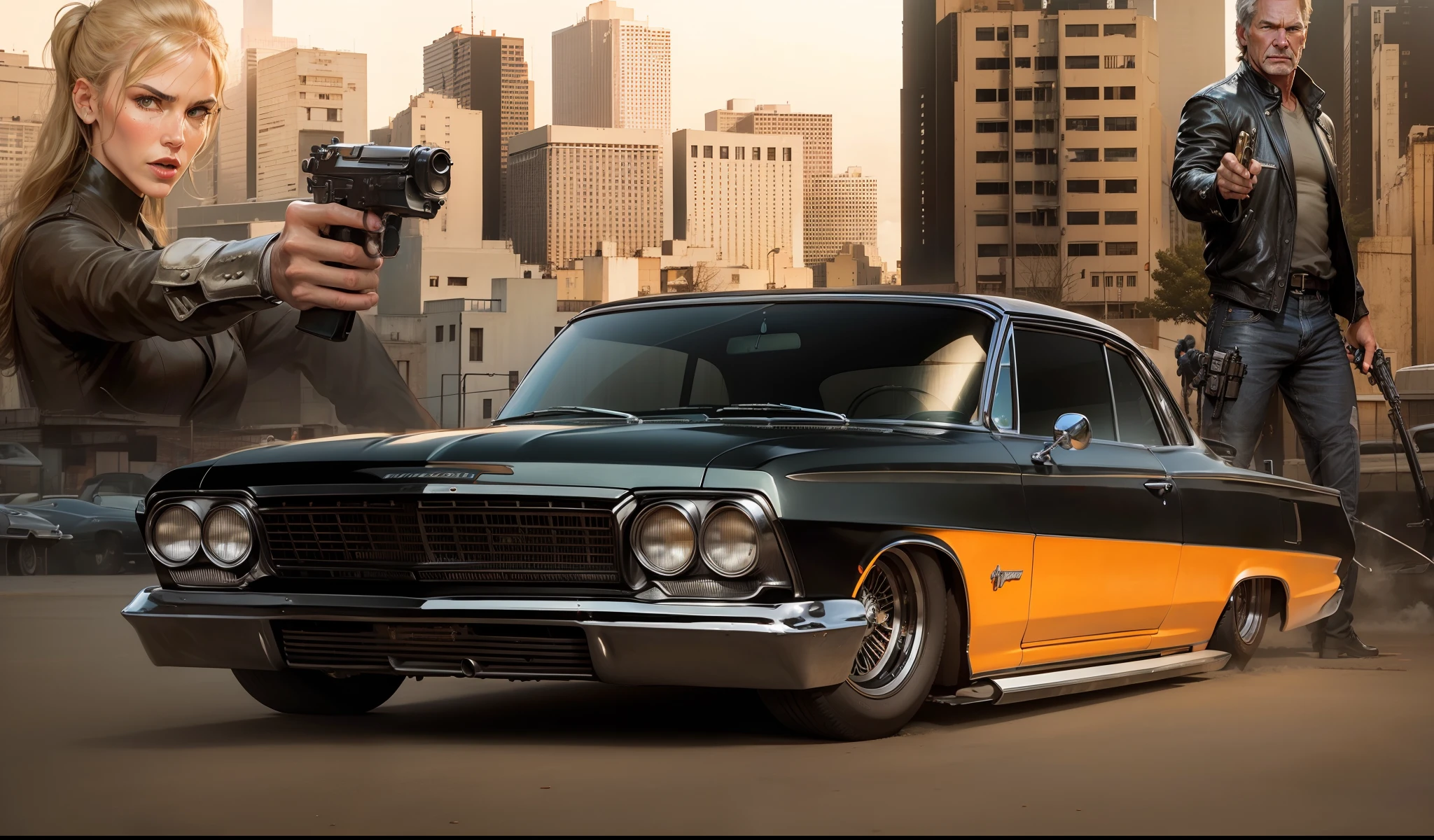 um imponente, Pontiac GTO 1965 classic black in the foreground, behind a close-up of a gangster Harrison Ford armed with a pistol and a beautiful gangster Angelina Jollie holding a pistol and the sun shining on the buildings and buildings of a street in the US