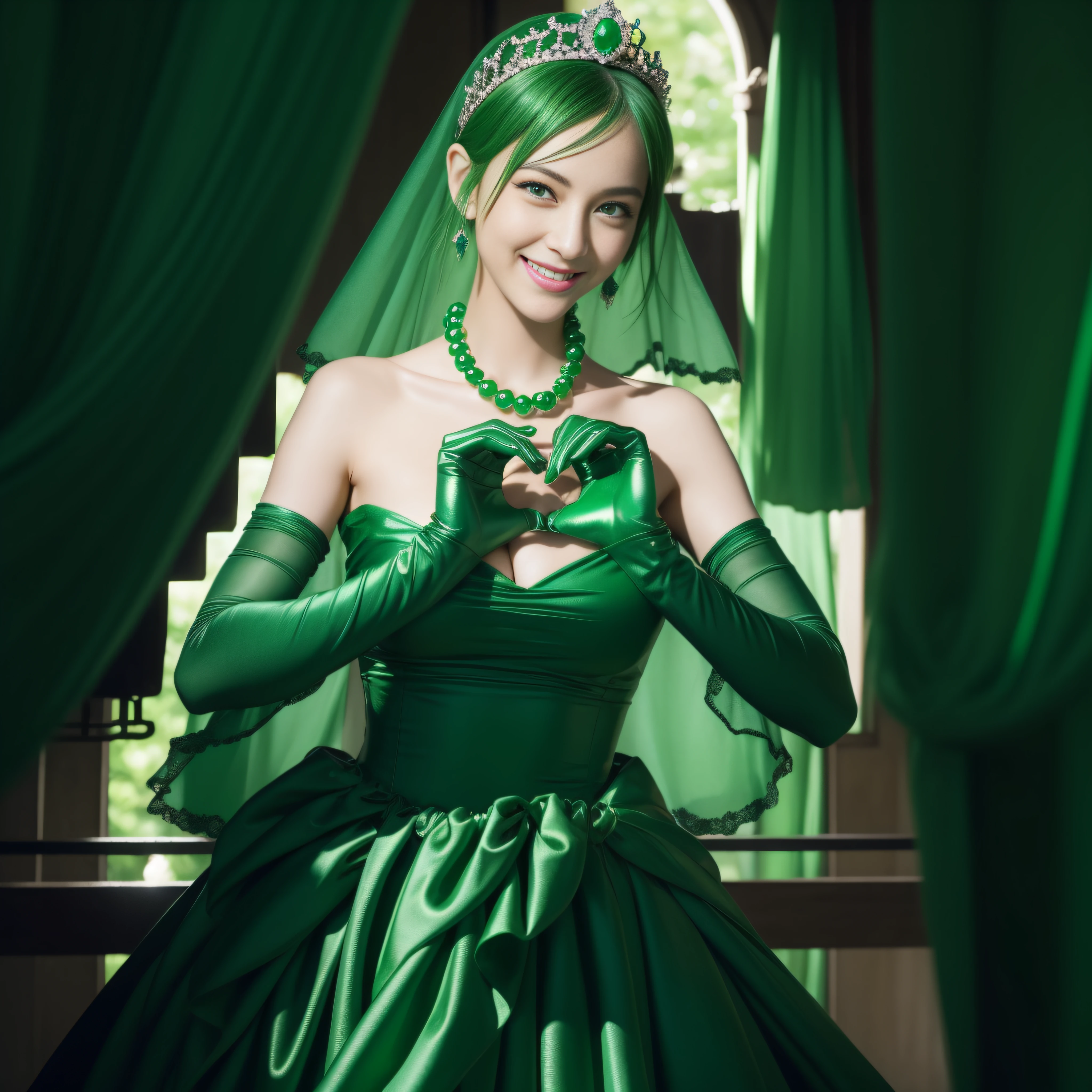 emerald tiara, Green Pearl Necklace, Boyish very short green hair, lipsticks, Japan woman smiling, very short short hair, big breasts beautiful, Green eyes, Long green gloves made of satin material, Green eyes