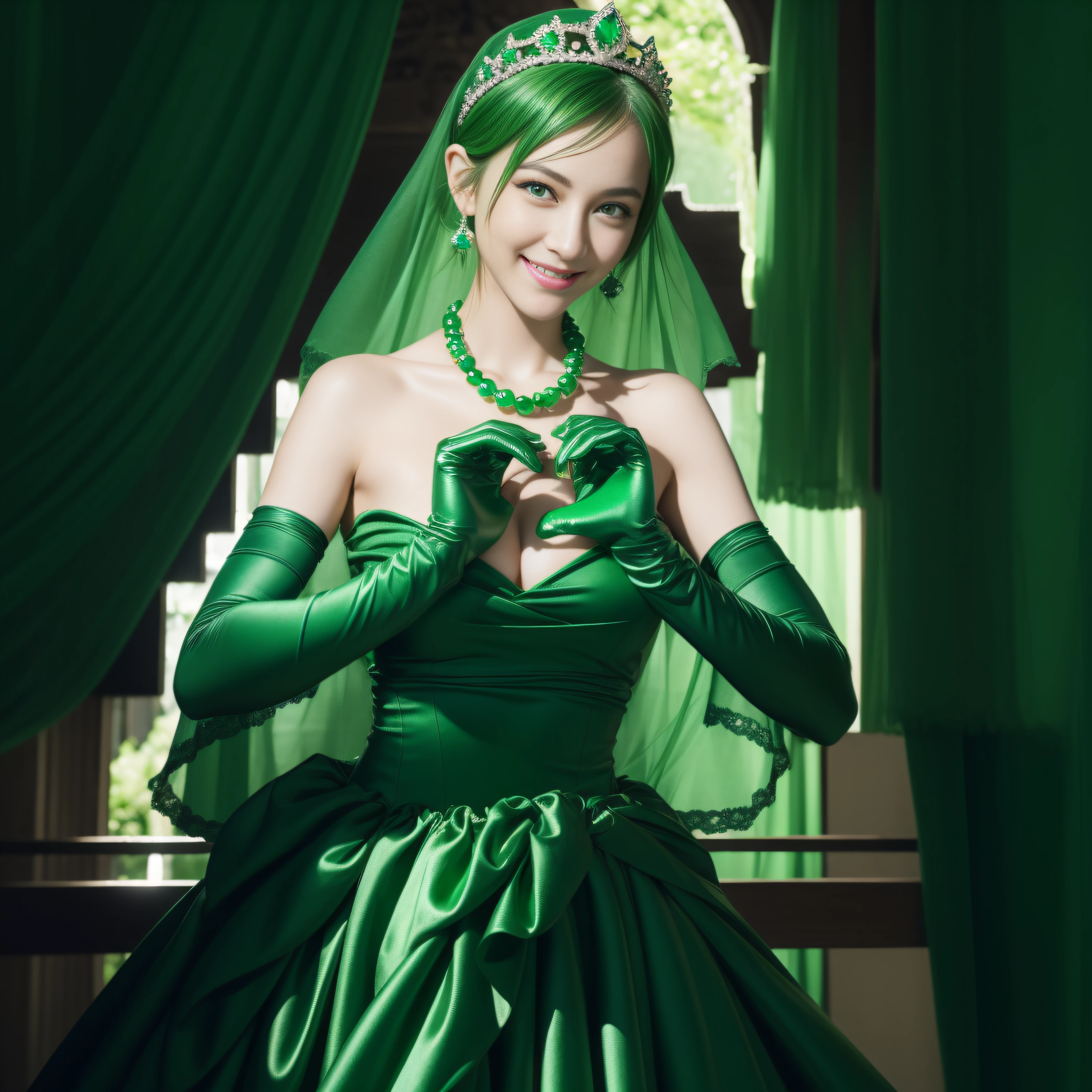 emerald tiara, Green Pearl Necklace, Boyish very short green hair, lipsticks, Japan woman smiling, very short short hair, big breasts beautiful, Green eyes, Long green gloves made of satin material, Green eyes