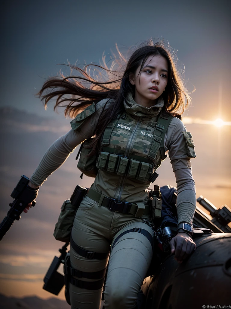 “A photograph capturing an female soldier in intense combat, showcasing determination and focus amidst chaos. The dusty, war-torn background emphasizes the gravity of the situation. Taken with a high-speed shutter to freeze the action, using a Canon EOS 5D Mark IV with a 24-70mm lens, f/2.8, 1/1000 sec.”