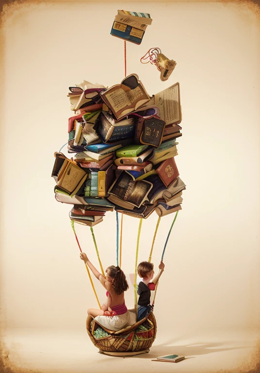 A girl and boy in a hot air balloon basket with strings attached to books, notas musicais, The books are stacked on top of each other and are different colors, livros voando