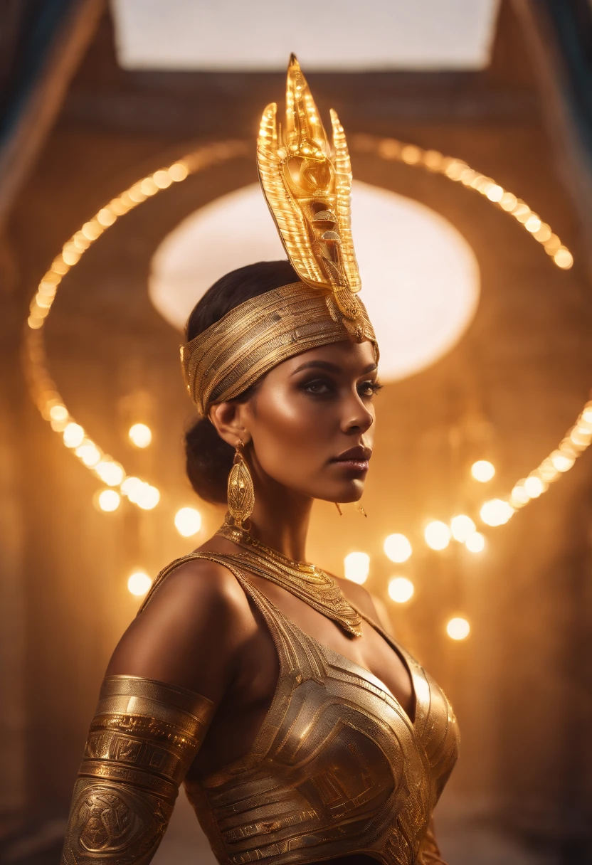 best quality, portrait of a beautiful, curvy woman with green eyes, in futuristic headdress inspired by an ancient egypt king and Cleopatra, Tutankhamun, snake, gold, silver, stones, scarab beetle, eyes protected by a transparent visor, transparent limestone, microchips, Integrated Circuit, cabels, electric glow, retro futurism, the scene is a beach in sunset, warm glowing sun, palm trees, mecha-girl, human machine integration, long skirt in gold, in her hand she is holding a glowing spire, Steven Meisel