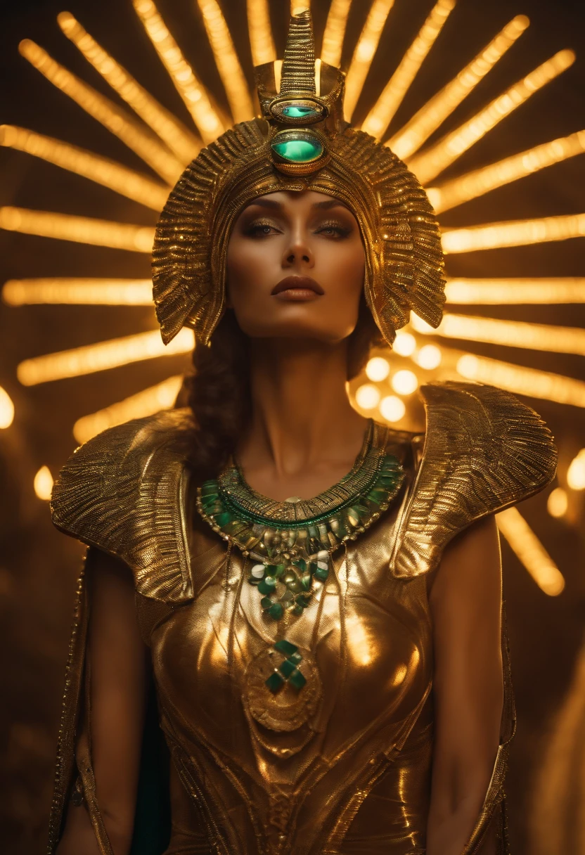 best quality, portrait of a beautiful, curvy woman with green eyes, in futuristic headdress inspired by an ancient egypt king and Cleopatra, Tutankhamun, snake, gold, silver, stones, scarab beetle, eyes protected by a transparent visor, transparent limestone, microchips, Integrated Circuit, cabels, electric glow, retro futurism, the scene is a beach in sunset, warm glowing sun, palm trees, mecha-girl, human machine integration, long skirt in gold, in her hand she is holding a glowing spire, Steven Meisel