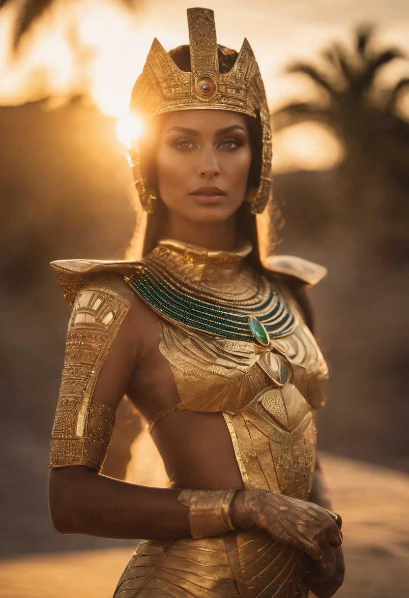best quality, portrait of a beautiful, curvy woman with green eyes, in futuristic headdress inspired by an ancient egypt king and Cleopatra, Tutankhamun, snake, gold, silver, stones, scarab beetle, eyes protected by a transparent visor, transparent limestone, microchips, Integrated Circuit, cabels, electric glow, retro futurism, the scene is a beach in sunset, warm glowing sun, mecha-girl, human machine integration, short skirt in gold, in her hand she is holding a glowing spire, Steven Meisel