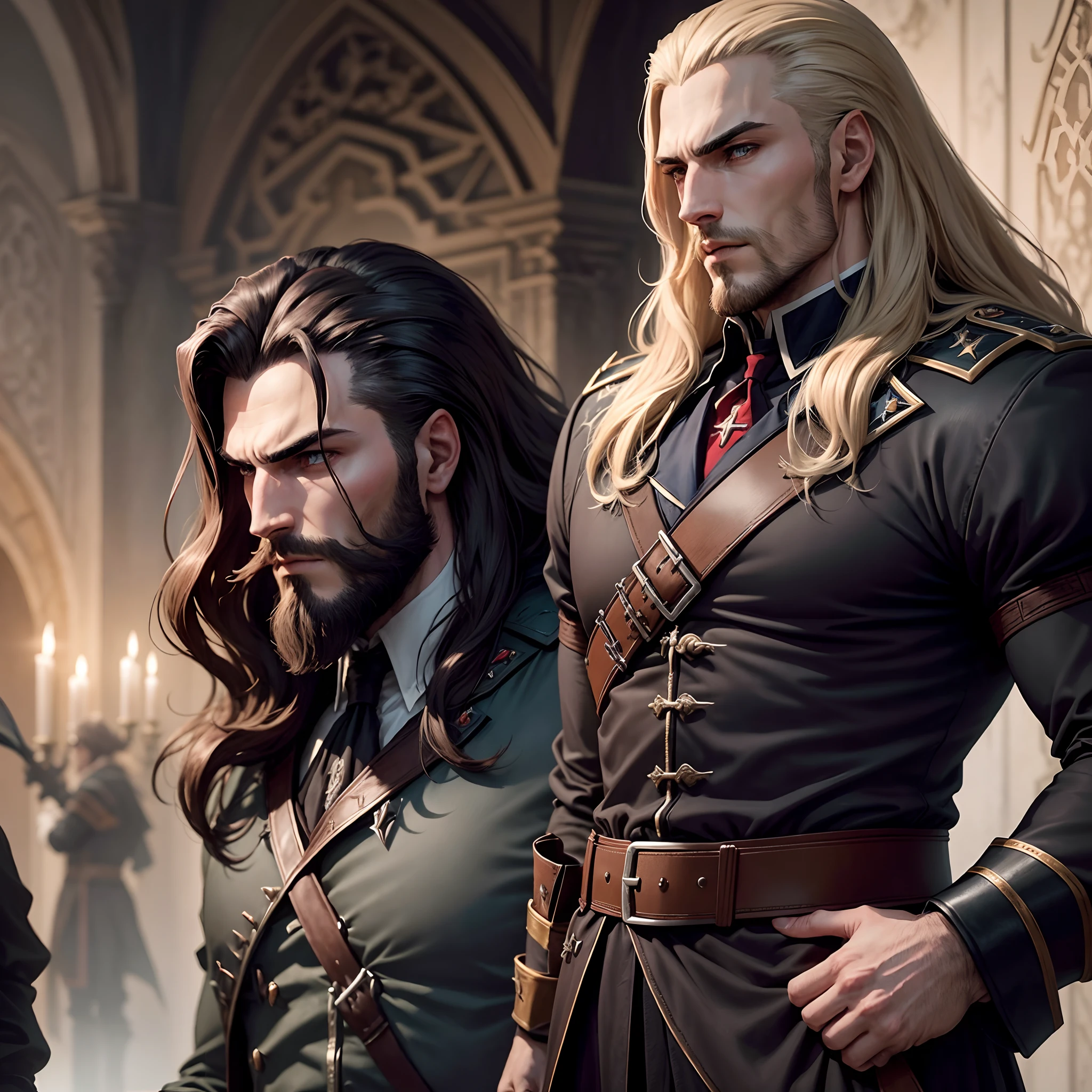 Castlevania Seigneur de l’ombre hyper réaliste super détaillé barbe chauve beau musclé Seigneur Dracula menant des troupes armée de démons au combat pointu détails cinématique