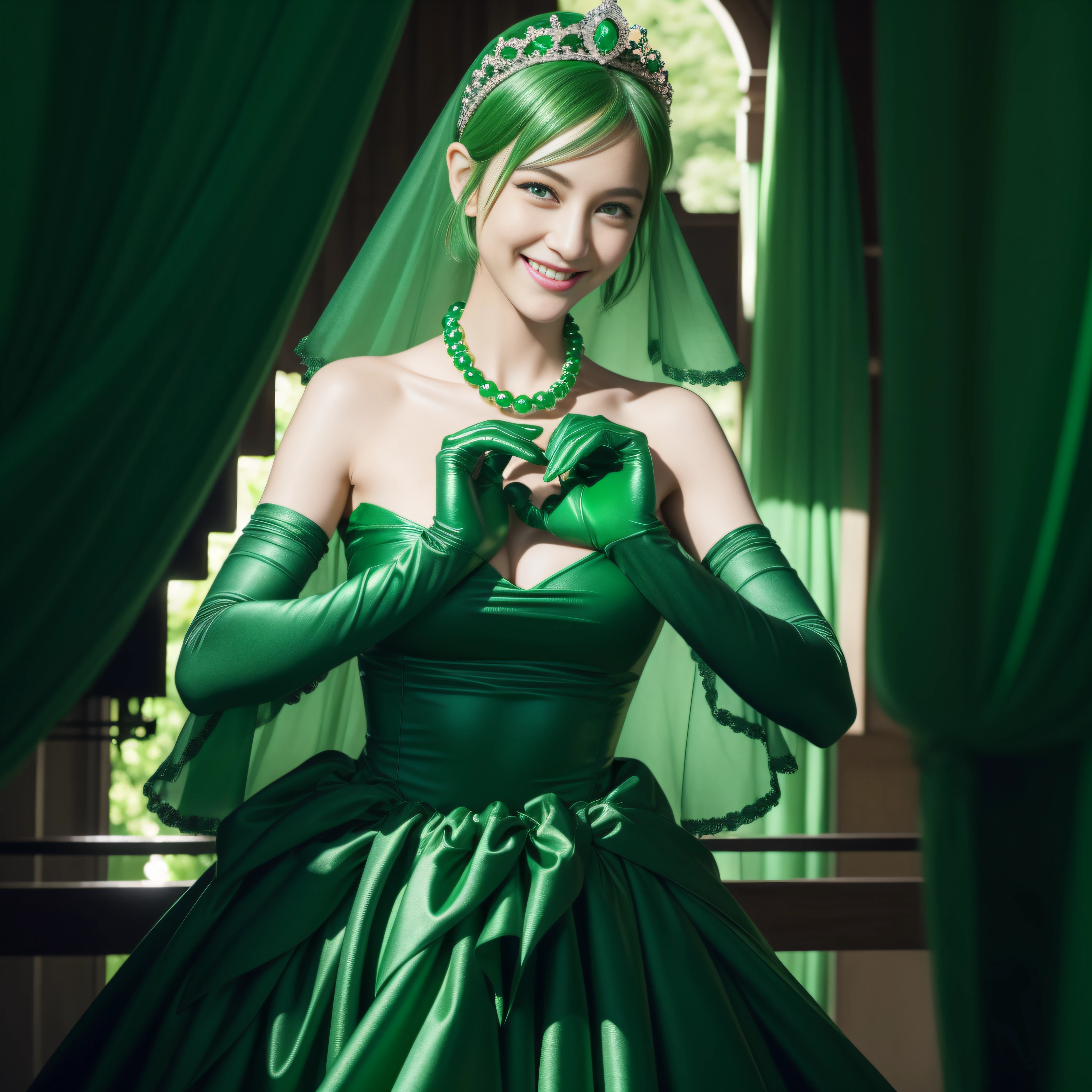 emerald tiara, Green Pearl Necklace, Boyish very short green hair, lipsticks, Japan woman smiling, very short short hair,  big breasts beautiful, Green eyes, Long green gloves made of satin material, Green eyes, Emerald Earrings, green vale, Heart with both hands