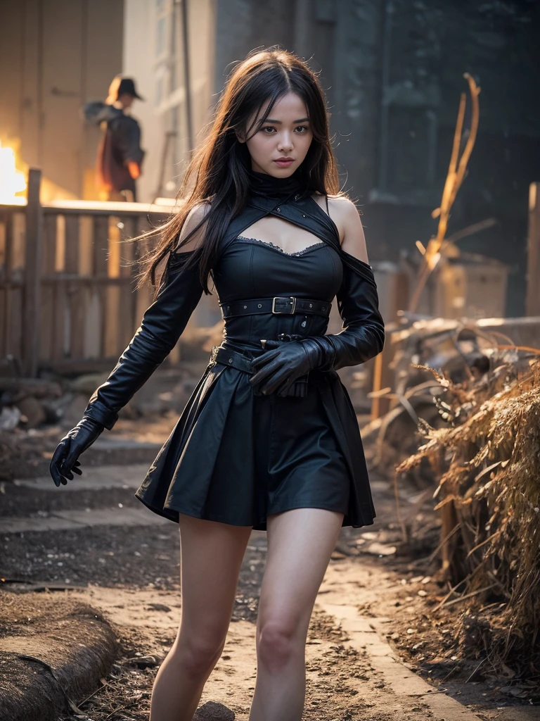 "Ein Foto, das eine Soldatin in einem intensiven Kampf zeigt, Entschlossenheit und Konzentration inmitten des Chaos zeigen. Die staubige, War-torn background underlines the seriousness of the situation. Aufgenommen mit einem High-Speed-Verschluss, um die Action einzufrieren, mit einer Canon EOS 5D Mark IV mit einem 24-70mm Objektiv, f/2.8, 1/1000 Sek.."