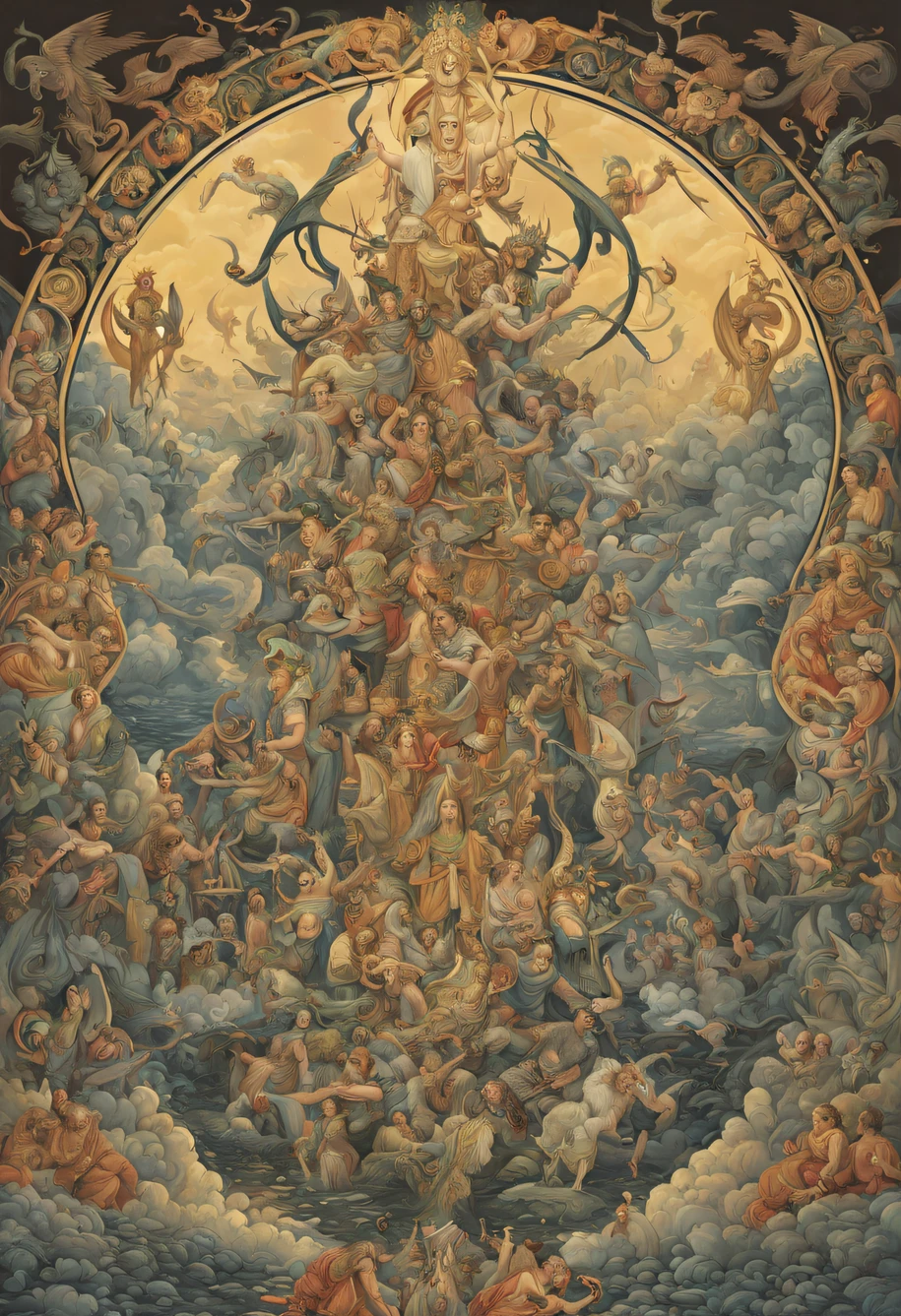 A group of people around the cave had no clothes on,In the middle station, there are two men and women, whose bodies are shining, dante's inferno painting, Karel Steck, gustave dore, Frandisek Kavan,