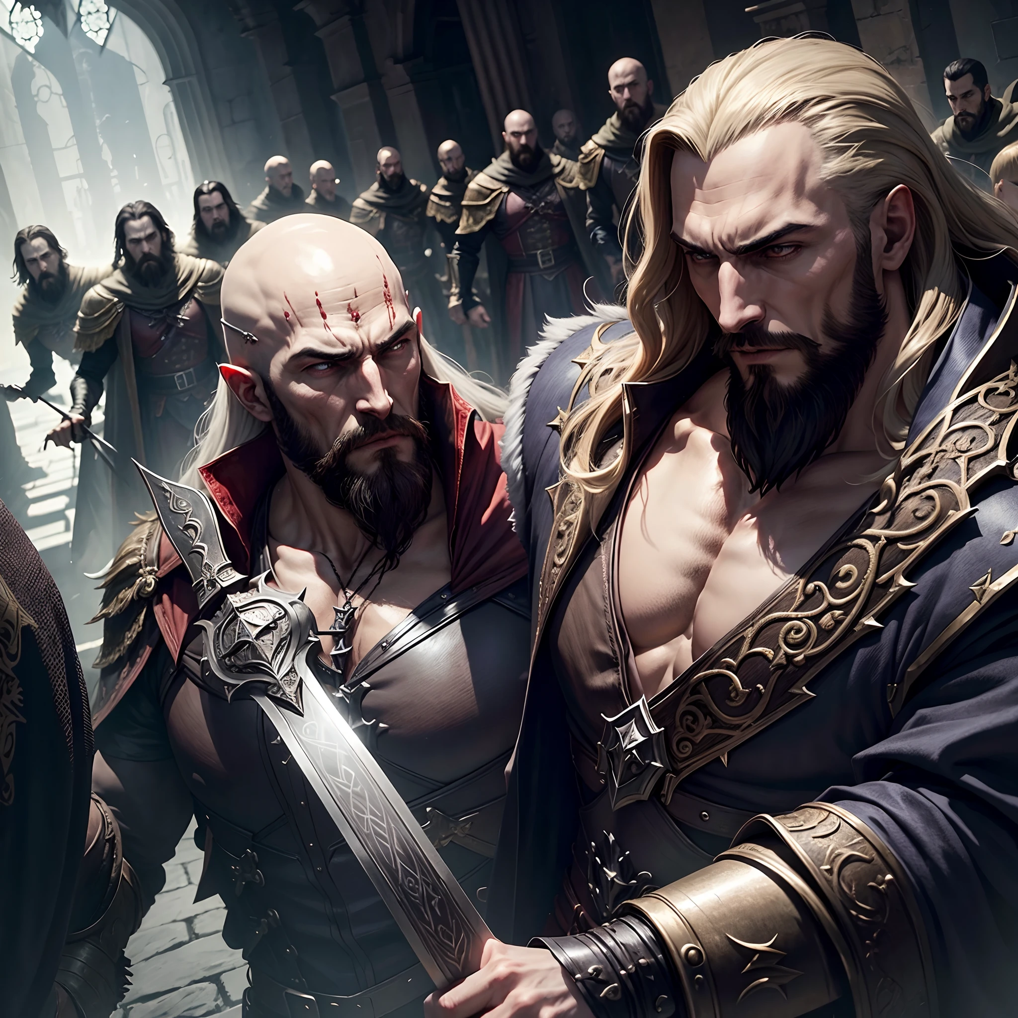 Castlevania Lord of the shadows hyper realistic super detailed bald beard handsome muscular Lord Dracula leading troops army of demons to battle sharp détails cinématique