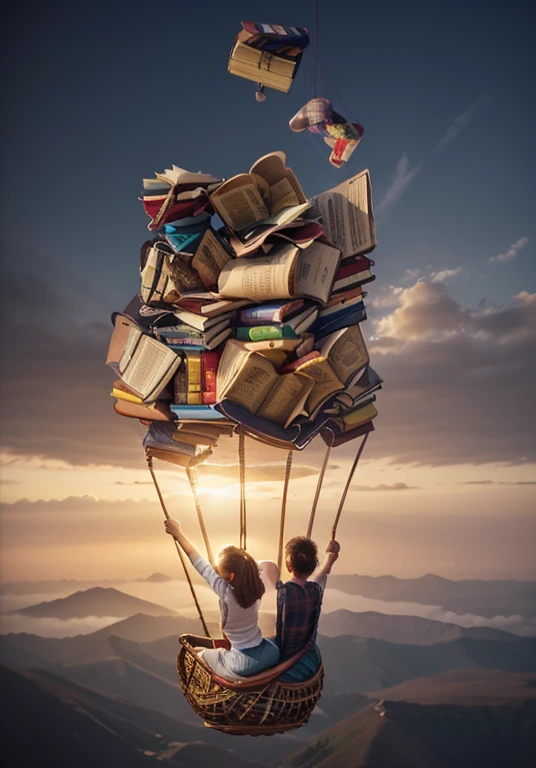 A girl and boy in a hot air balloon basket with strings attached to books, notas musicais, The books are stacked on top of each other and are different colors, livros voando