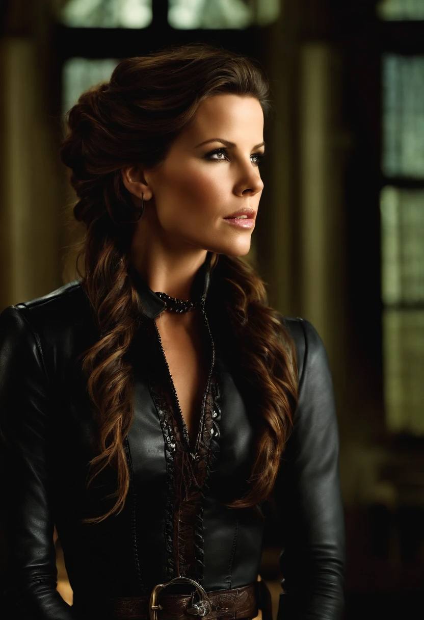 (masterpiece, best quality), Kate Beckinsale, Beautiful face, leather, braided hair, collar, boots,