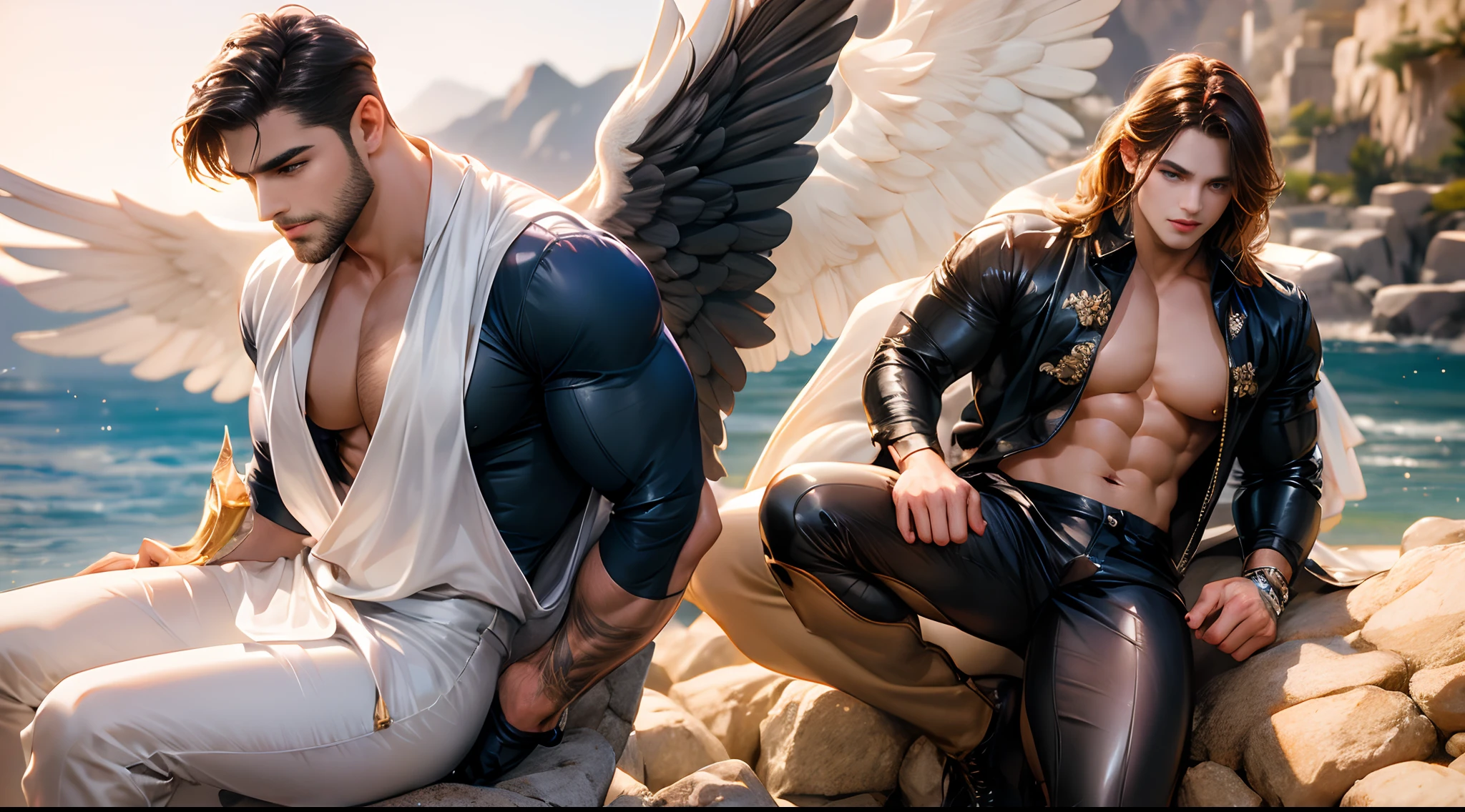 Only 1 protagonist character. Handsome man, LatinLover OC, mulatto skin, attractive feature, skin tone tan, dark blue eyes, masculine expression, big wings coming with back, two white wings of angel, anatomically correct huge wings. Man with muscular fitness, man medium-long haircut, black brown hairstyle, small beard, white clothing, casual outfit, anatomically correct, full body tattoo, environment: urban city, posture: masculine and relaxed