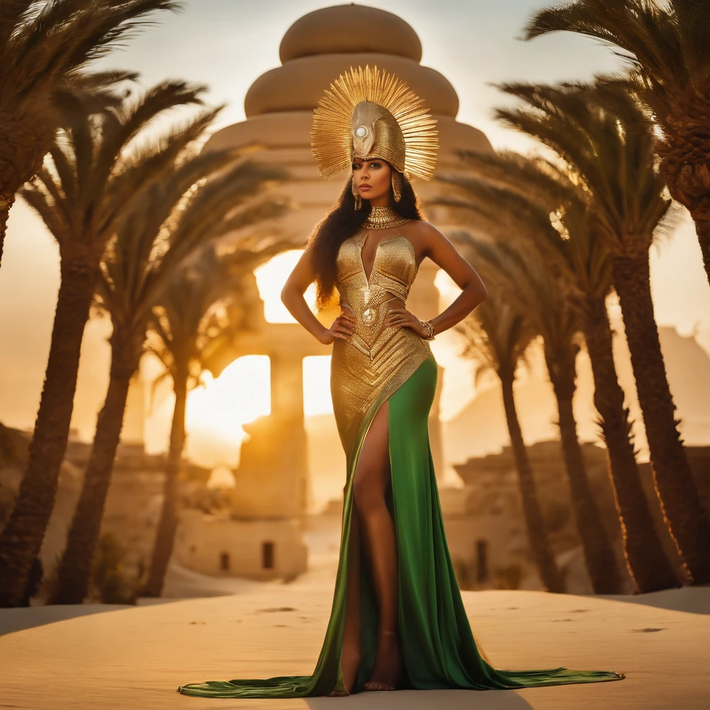best quality, portrait of a beautiful, curvy woman, with green eyes in futuristic headdress inspired by an ancient egypt king and Cleopatra, tutankhamun, snake, gold, silver, stones, scarab beetle, transparent limestone, microchips, Integrated Circuit, cabels, electric glow, retro futurism, sunset with a warm red sun, beach, palmtrees, mecha-girl, human machine integration, long sexy skirt in gold what will show her legs