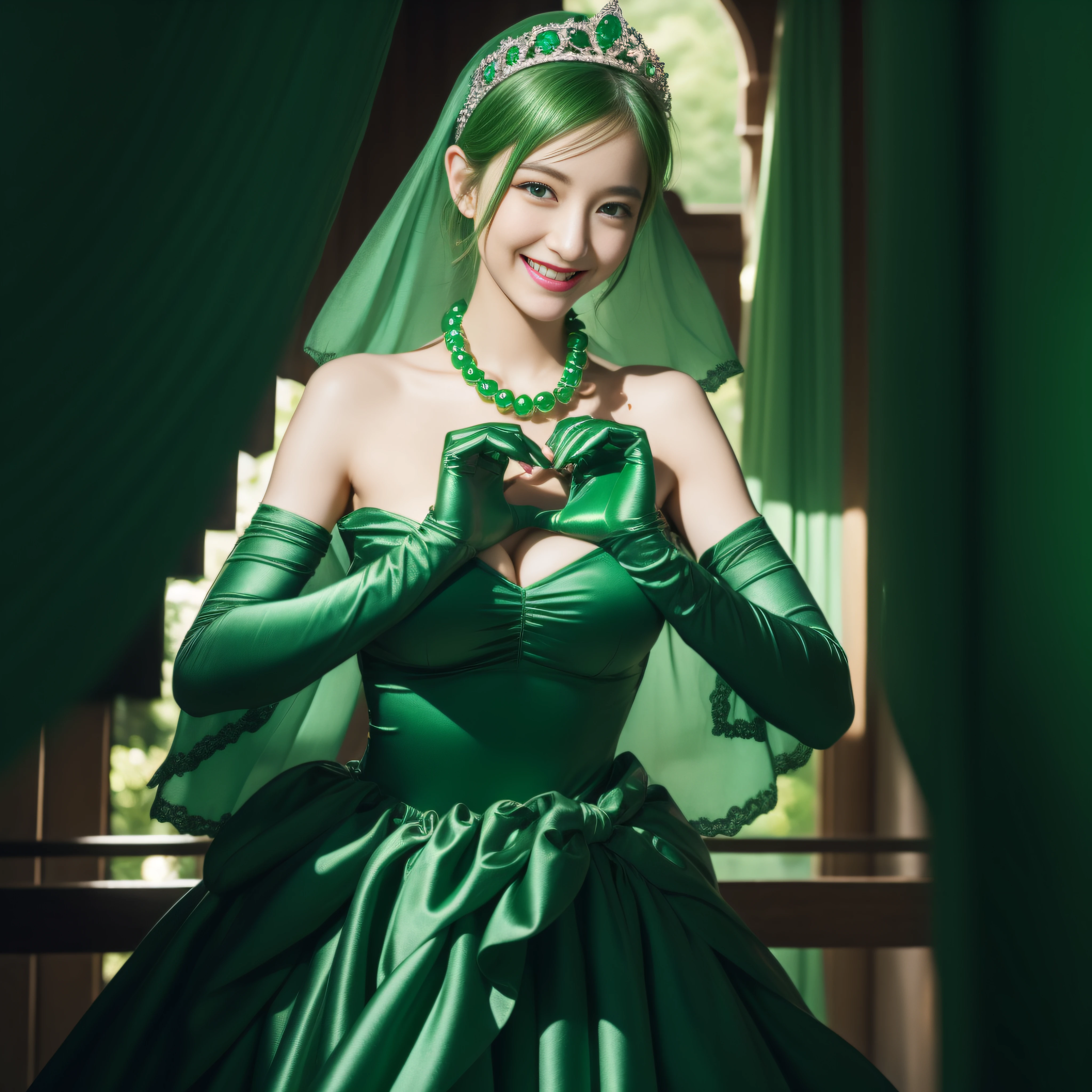 emerald tiara, Green Pearl Necklace, Boyish very short green hair, lipsticks, Japan woman smiling, very short short hair, big breasts beautiful, Green eyes, Long green gloves made of satin material, Green eyes