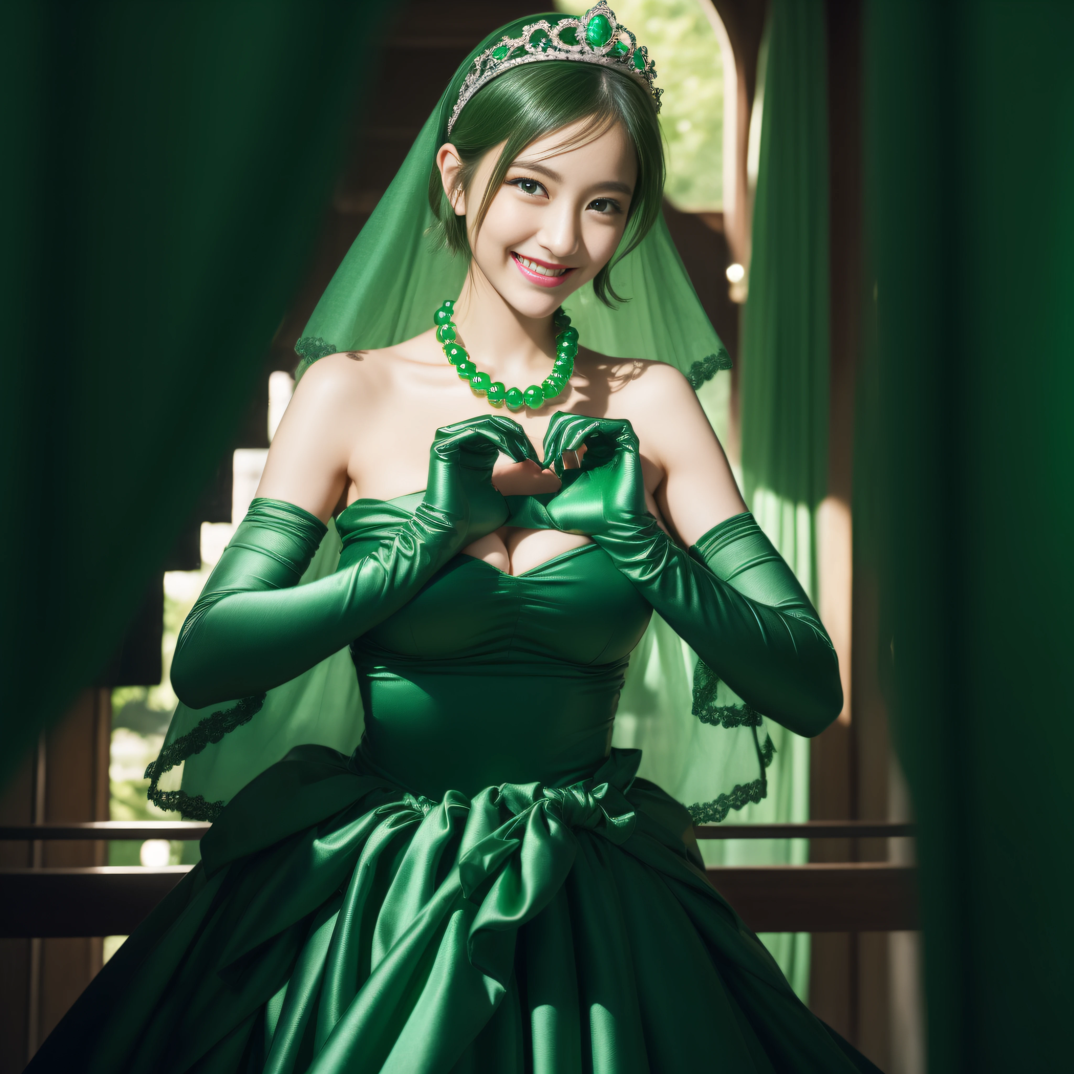 emerald tiara, Green Pearl Necklace, Boyish very short green hair, lipsticks, Japan woman smiling, very short short hair, big breasts beautiful, Green eyes, Long green gloves made of satin material, Green eyes