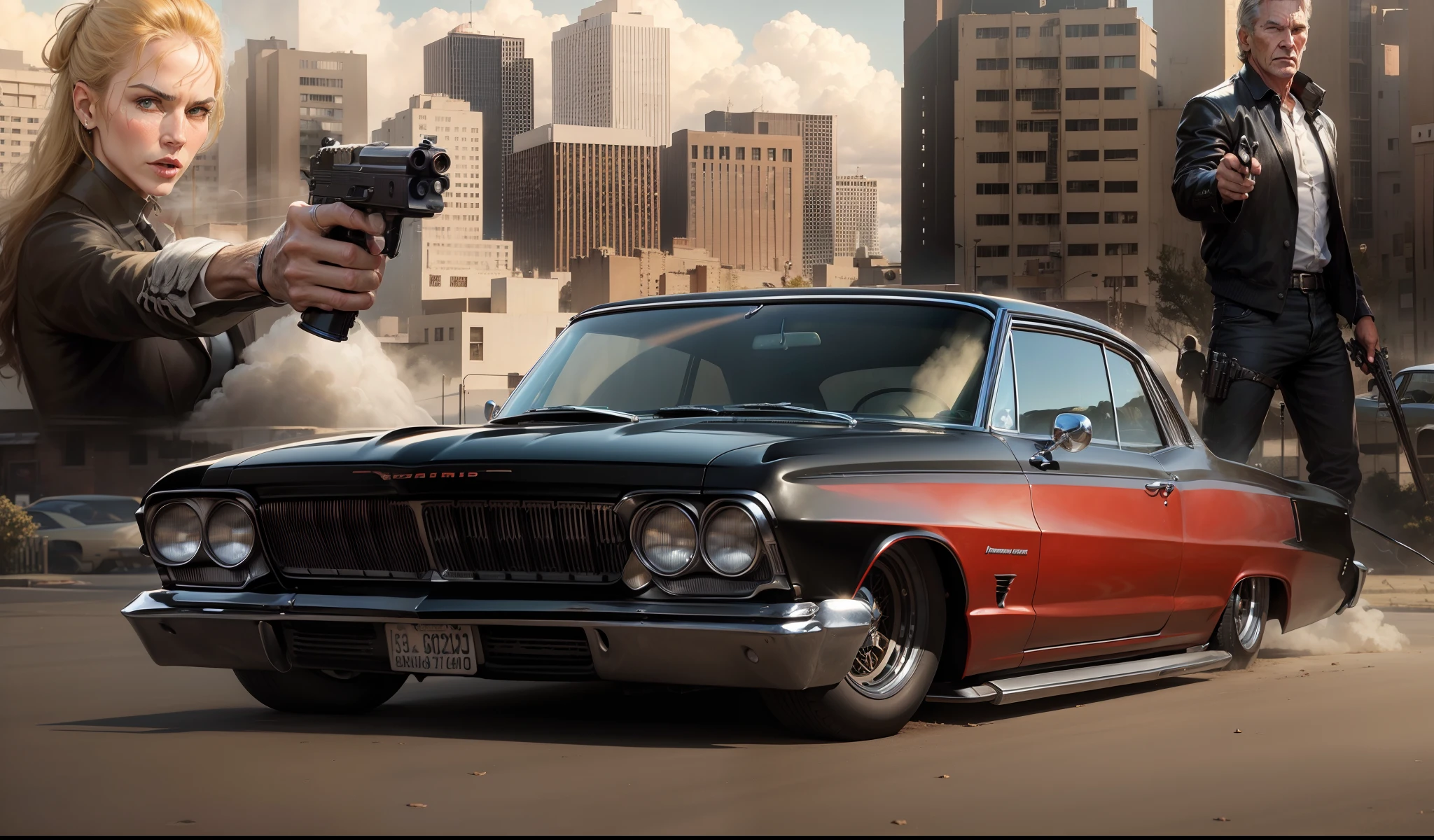 um imponente, Pontiac GTO 1965 classic black in the foreground, behind a close-up of a gangster Harrison Ford armed with a pistol and a beautiful gangster Angelina Jollie holding a pistol and the sun shining in the sky with clouds on the buildings and buildings of a street in the US